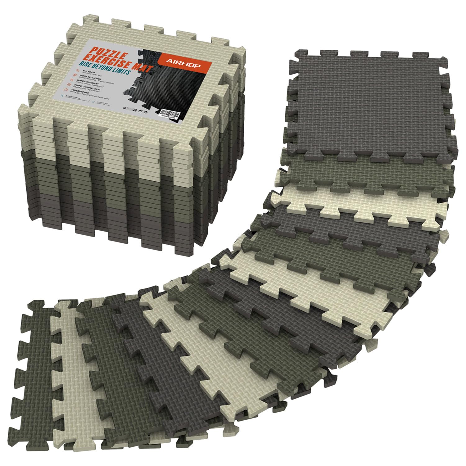 AIRHOP 18 Tiles Gym Floor Mat, EVA Foam Puzzle Gym Mat, High-Density Interlocking Foam Floor Tiles for Home Gym, Play Workout Garage Kitchen Flooring