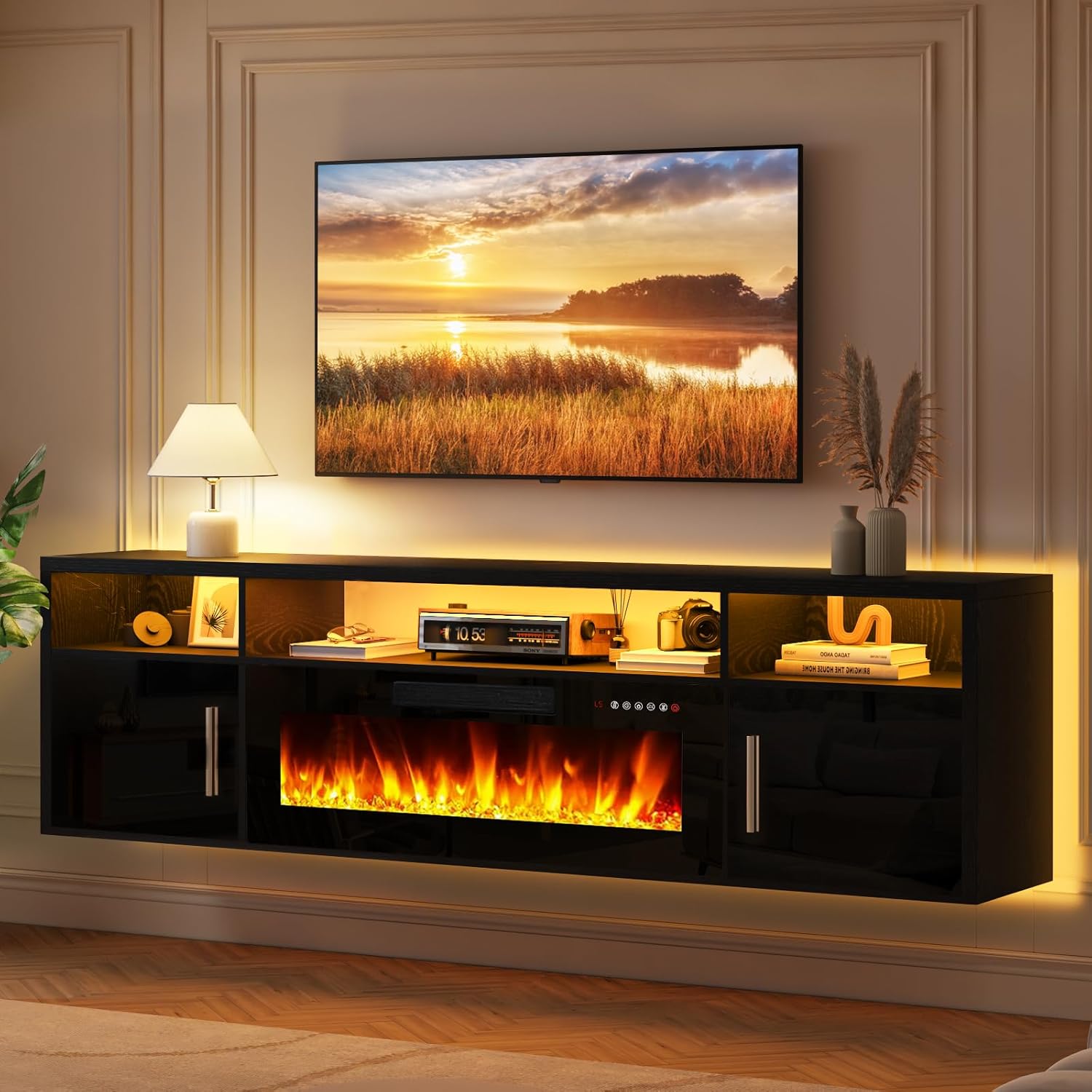 LEMBERI 70" Floating TV Stand with 36" Electric Fireplace, Wall Mounted Fireplace LED Light Entertainment Center with Storage, Fire Place TV Console with Highlight Cabinet for Living Room (Black)