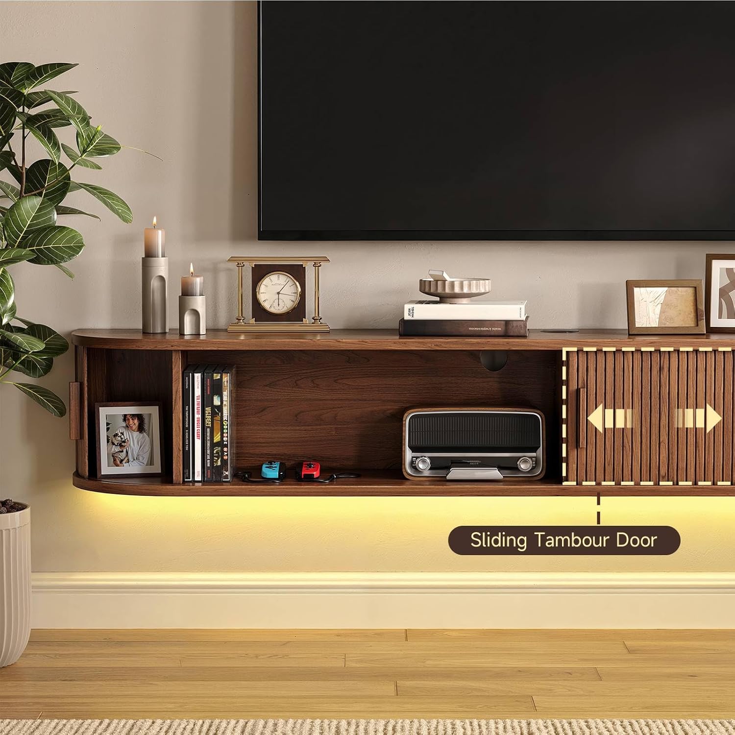 71" Floating TV Stand with Power Outlet for TVs up to 80", Fluted Entertainment Center with Remote Control for LED Lights, Mid-Century Modern TV Console w/Sliding Door for Living Room, Bedroom Walnut