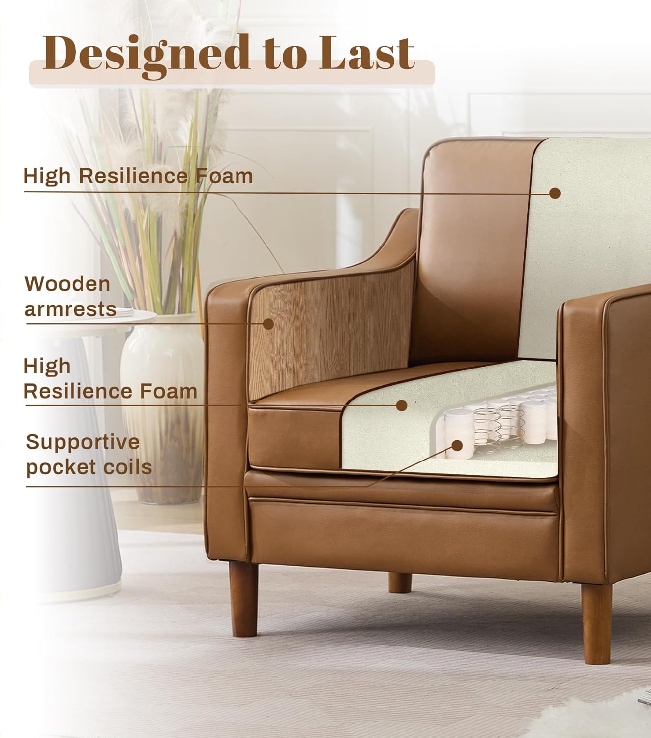 Kingfun Accent Chair Set of 2, Living Room Chairs, Faux Leather Reading Armchair, Mid Century with Solid Wood Foot, Upholstered Modern Decor for Bedroom, Apartment, Brown