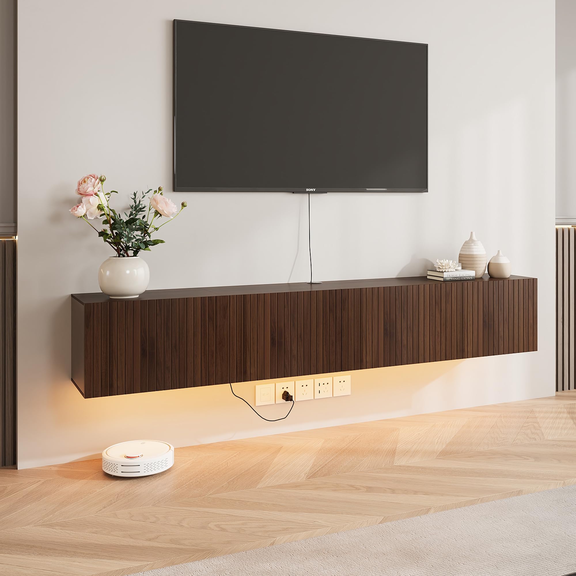 DHMAKER Floating TV Stand Wall Mounted, 71" Floating TV Shelf Cabinet with LED Lights & Power Outlet, Black Midia Console Entertainment Center with Fluted Storage for Under TV Living Room Bedroom