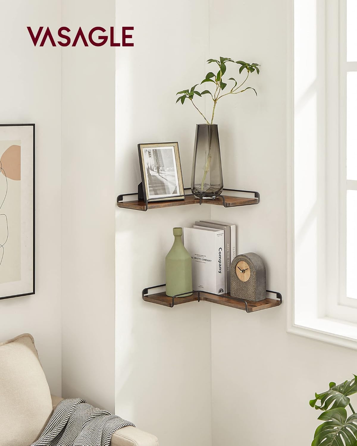 VASAGLE Corner Shelf Wall Mount Set of 2, Floating Shelves, Small Wall Shelf for Decor Storage, for Living Room Bedroom Kitchen Bathroom, Rustic Brown and Black ULLS831B01