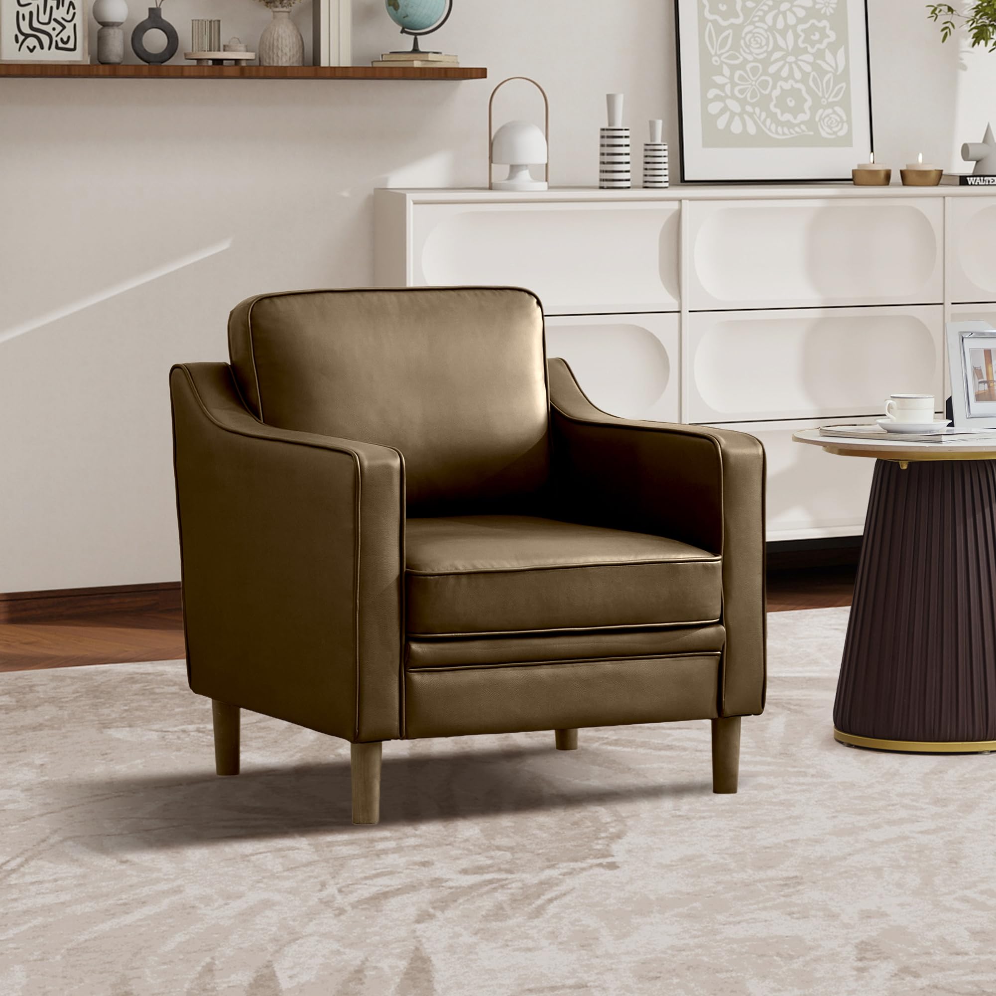 Kingfun Accent Chair Set of 2, Living Room Chairs, Faux Leather Reading Armchair, Mid Century with Solid Wood Foot, Upholstered Modern Decor for Bedroom, Apartment, Brown