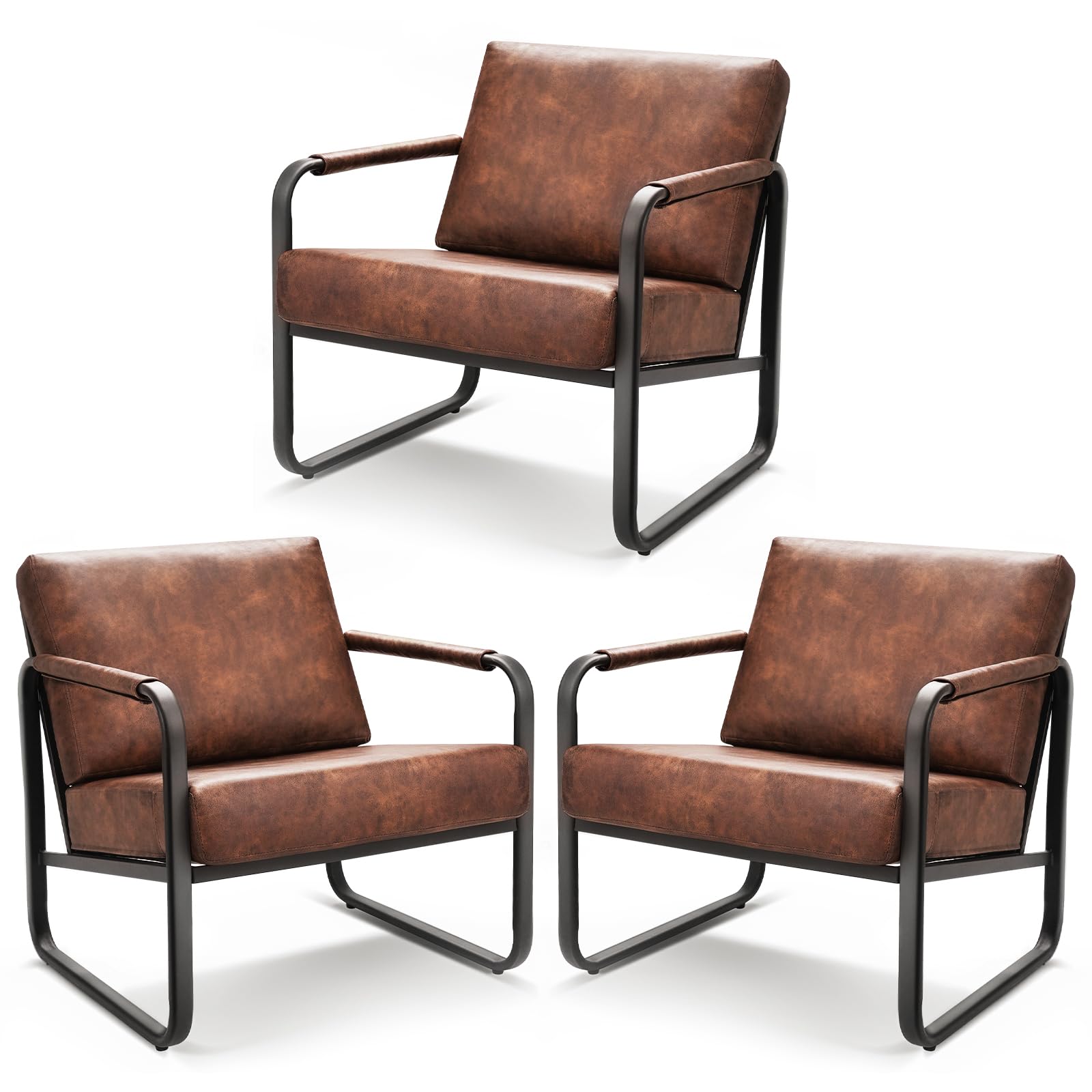 PrimeZone Mid-Century Modern Accent Chair Set of 2 - Comfy Faux Leather Living Room Chair, Lounge Armchair with Extra Soft Padded & Cushion, Ergonomic Accent Chair for Bedroom, Office, Brown