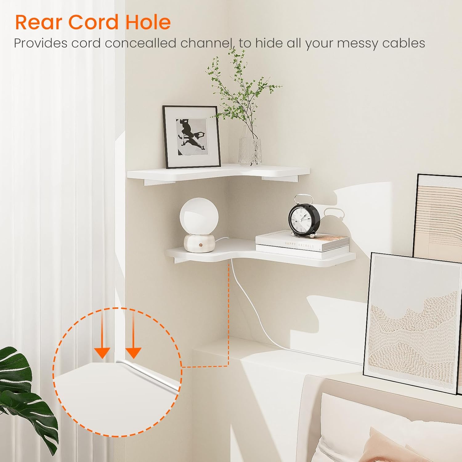 Homode Corner Floating Shelves, Set of 3 Corner Wall Shelves with Wire Hole, L-Shaped Wood Hanging Storage Shelf for Wall Decor, for Bathroom Kitchen Bedroom, White