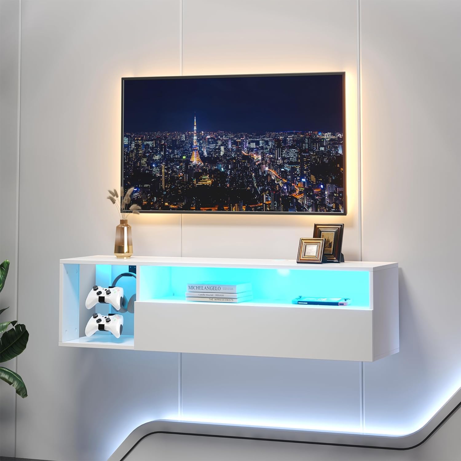 SogesHome 55'' Floating TV Stand with LED Lights, Wall Mounted Entertainment Center with 3 Storage Shelves, Modern Media Console Cabinet for Living Room and Bedroom, Black
