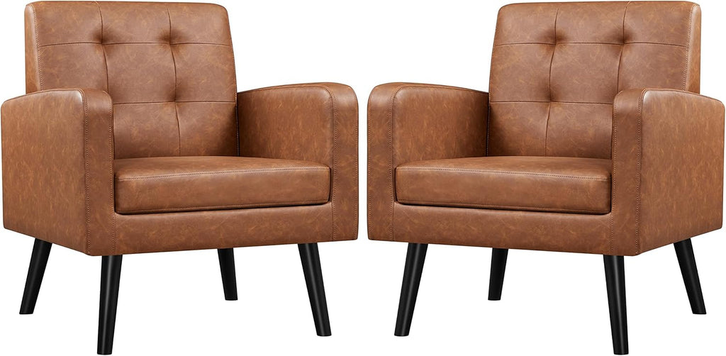 Yaheetech Mid-Century Accent Chairs, PU Leather Modern Upholstered Living Room Chair, Cozy Armchair Button Tufted Back and Wood Legs for Bedroom/Office/Cafe, Retro Brown 2 PCS