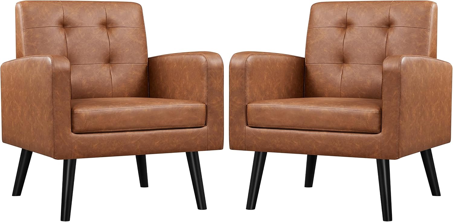 Yaheetech Mid-Century Accent Chairs, PU Leather Modern Upholstered Living Room Chair, Cozy Armchair Button Tufted Back and Wood Legs for Bedroom/Office/Cafe, Retro Brown 2 PCS