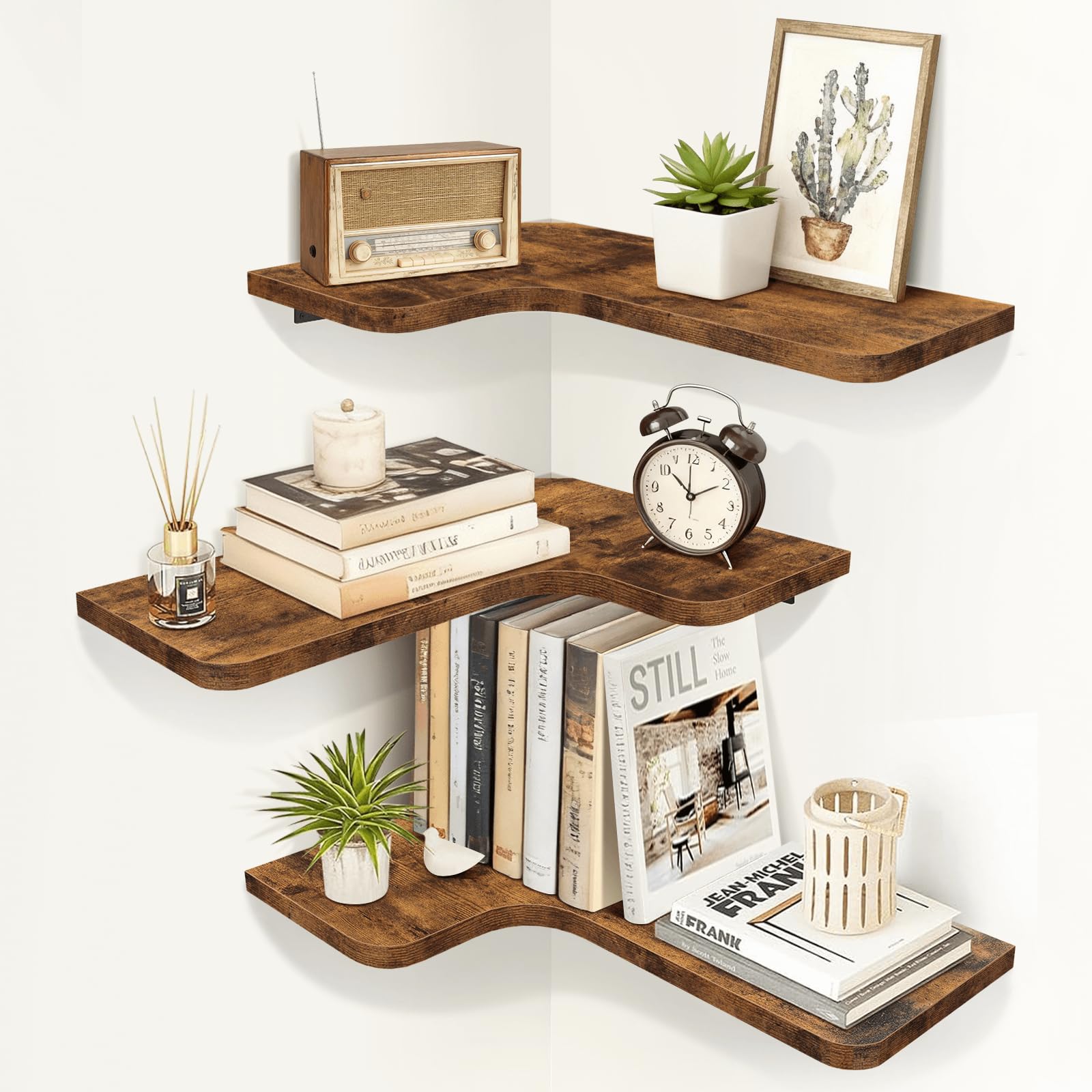 Homode Corner Floating Shelves, Set of 3 Corner Wall Shelves with Wire Hole, L-Shaped Wood Hanging Storage Shelf for Wall Decor, for Bathroom Kitchen Bedroom, White