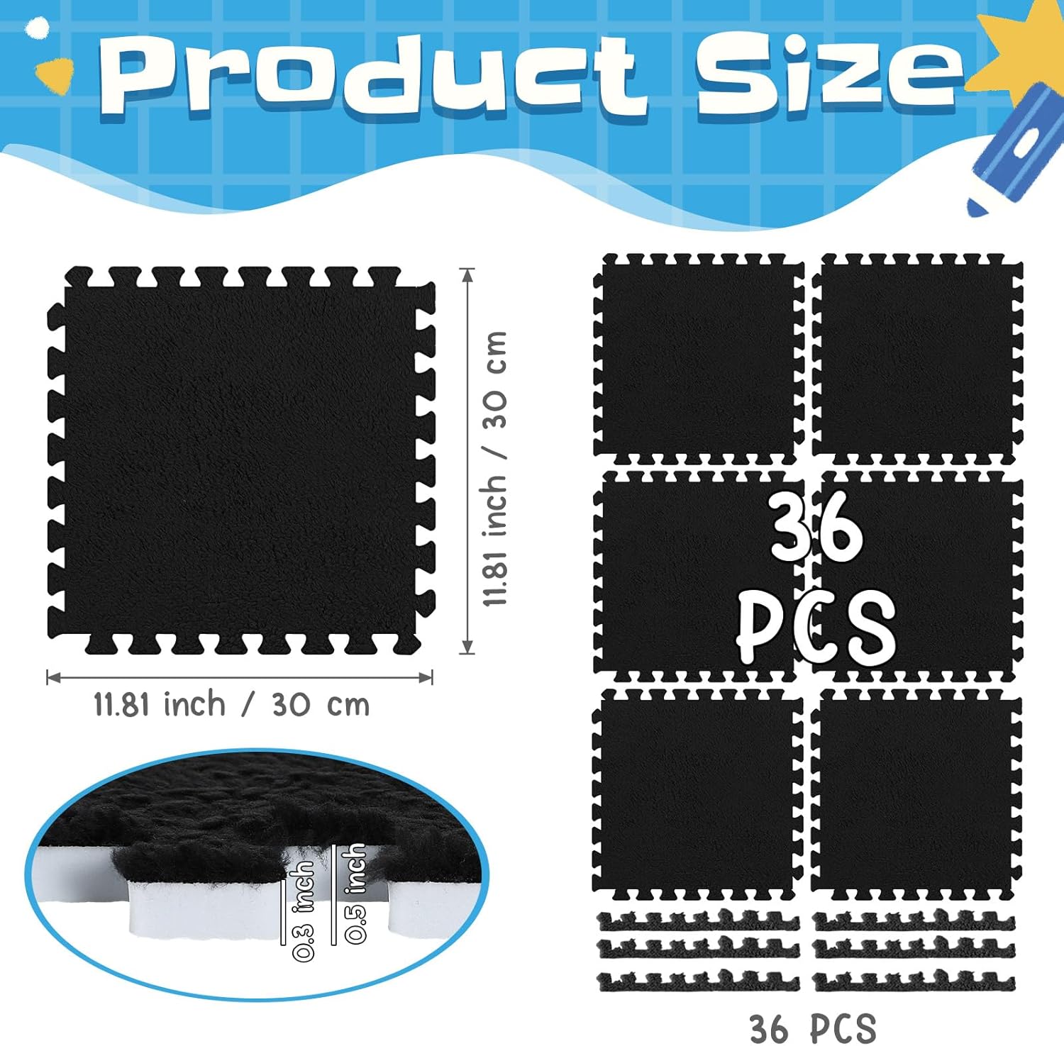Timgle 36 Pcs Interlocking Carpet Tiles Plush Foam Floor Mats with Border Fluffy Play Mat Floor Tiles Soft Climbing Area Rugs for Kids Home Playroom Decor, 12 x 12 x 0.4 Inch(Black)