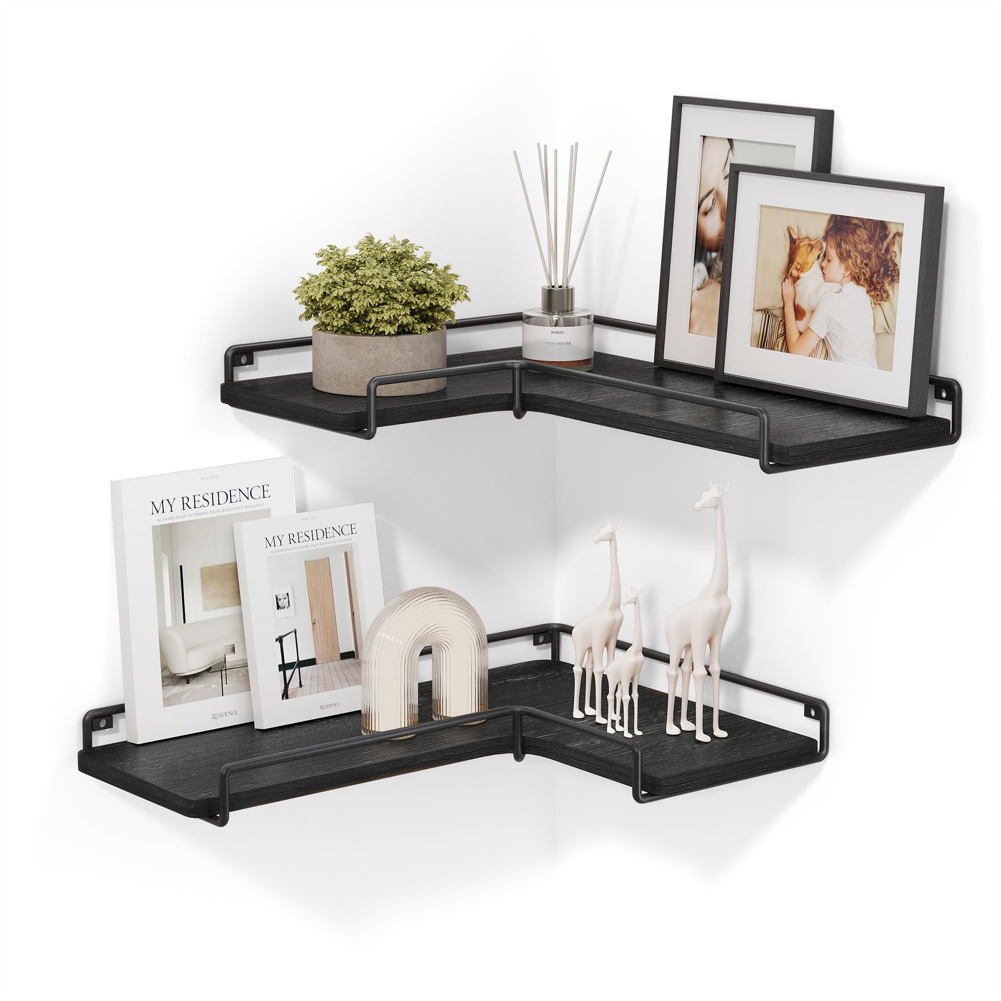 VASAGLE Corner Shelf Wall Mount Set of 2, Floating Shelves, Small Wall Shelf for Decor Storage, for Living Room Bedroom Kitchen Bathroom, Rustic Brown and Black ULLS831B01