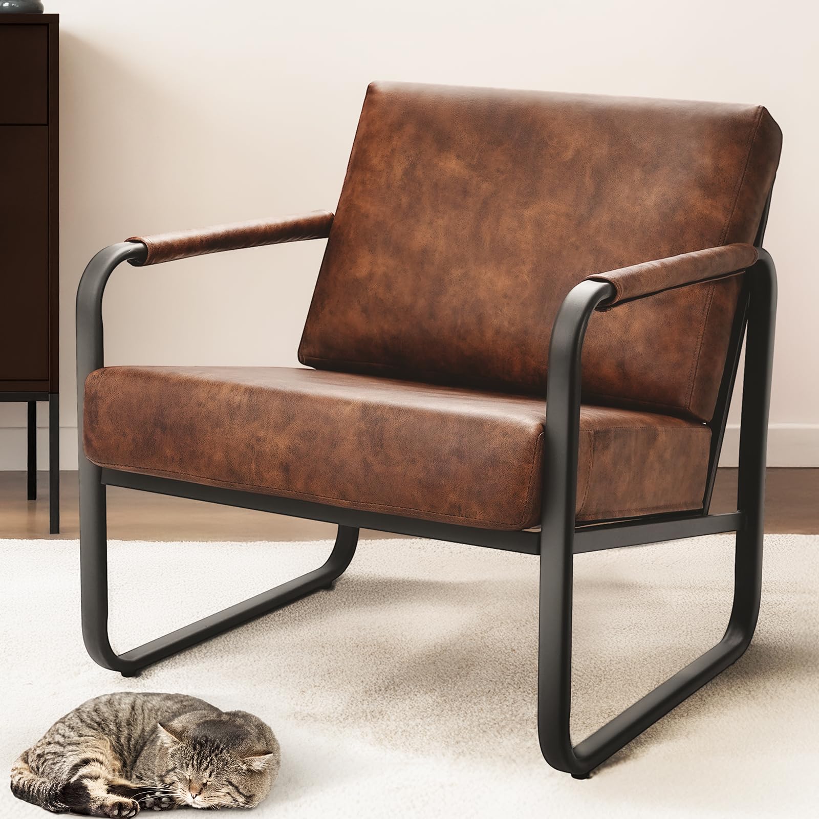 PrimeZone Mid-Century Modern Accent Chair Set of 2 - Comfy Faux Leather Living Room Chair, Lounge Armchair with Extra Soft Padded & Cushion, Ergonomic Accent Chair for Bedroom, Office, Brown