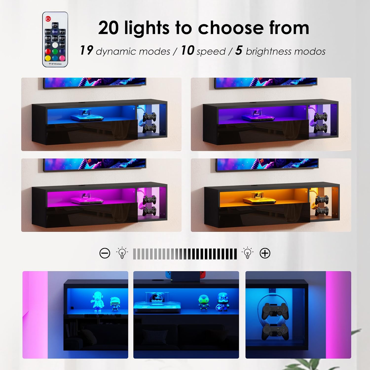 SogesPower Floating TV Stand Wall Mounted with Lights,LED TV Stand Floating Entertainment Center with Storage for Bedroom Living Room,Modern Floating Shelf for Under TV,Black 40inch