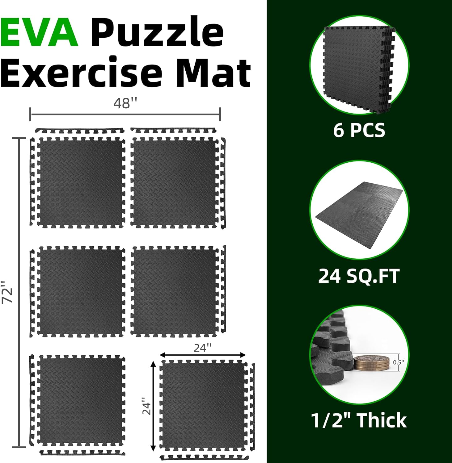Art3d 24" x 24" EVA Interlocking Exercise Mats, 1/2" Thick Foam Puzzle Flooring for Workout, Gym Equipments, Training Areas, 6 and 12 Pack