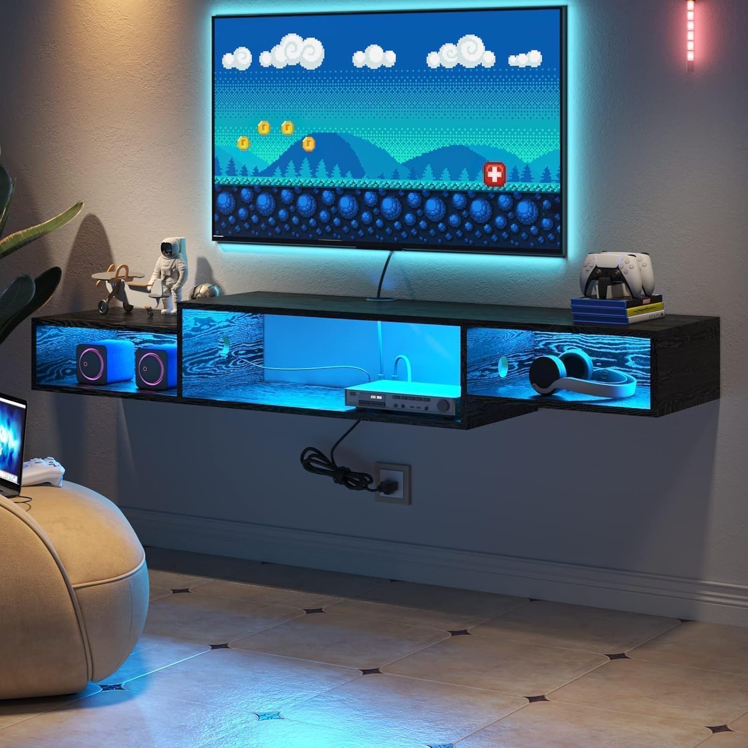 4 EVER WINNER Floating TV Stand with Power Outlet, 59'' Floating TV Shelf with LED Lights and Storage, Floating Entertainment Center Media Console Cabinet for Gaming Box Audio Video, Black