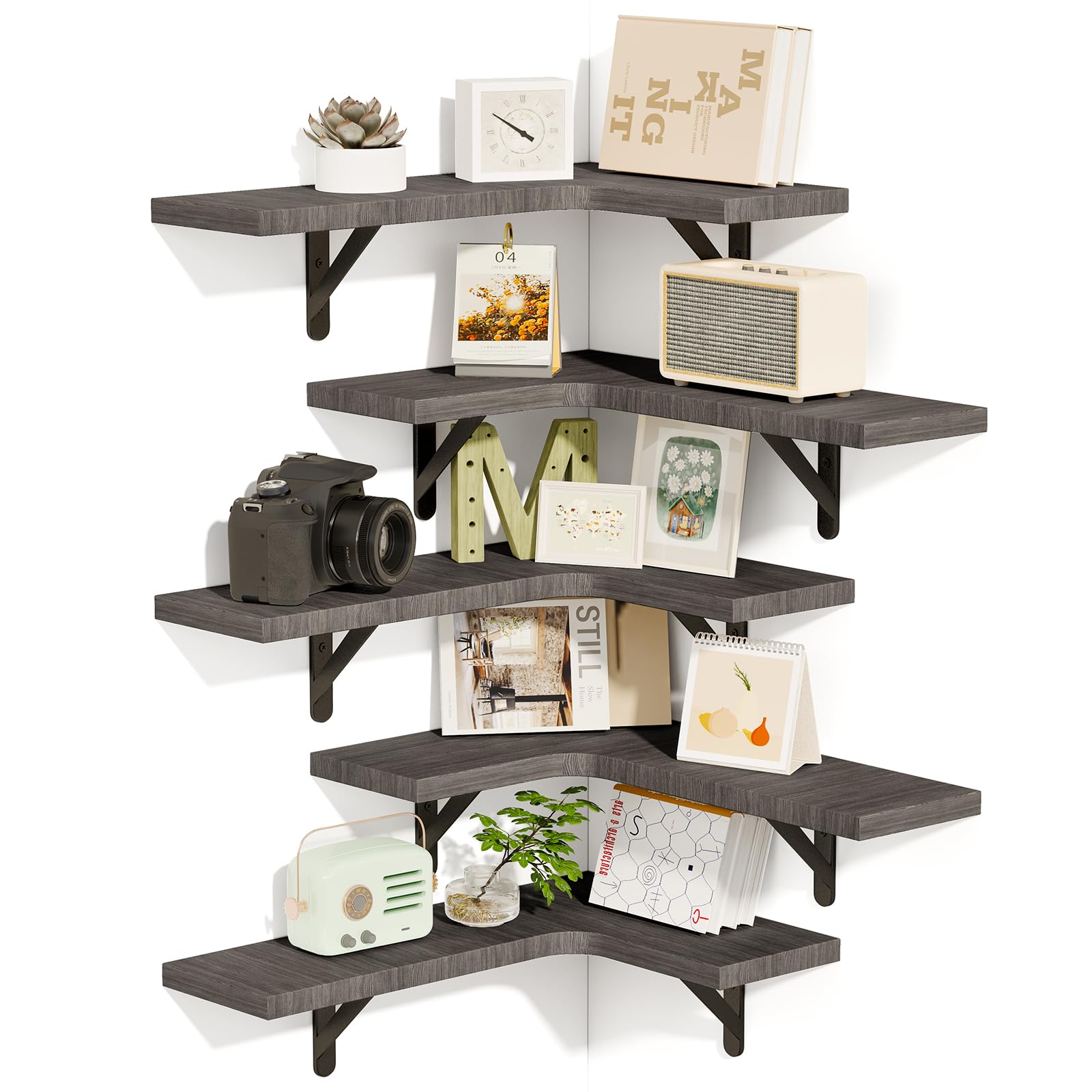 Fixwal Corner Shelves Floating Shelves for Wall Bathroom Kitchen Bedroom Home Decor Laundry Room Living Room Set of 5 (Black)