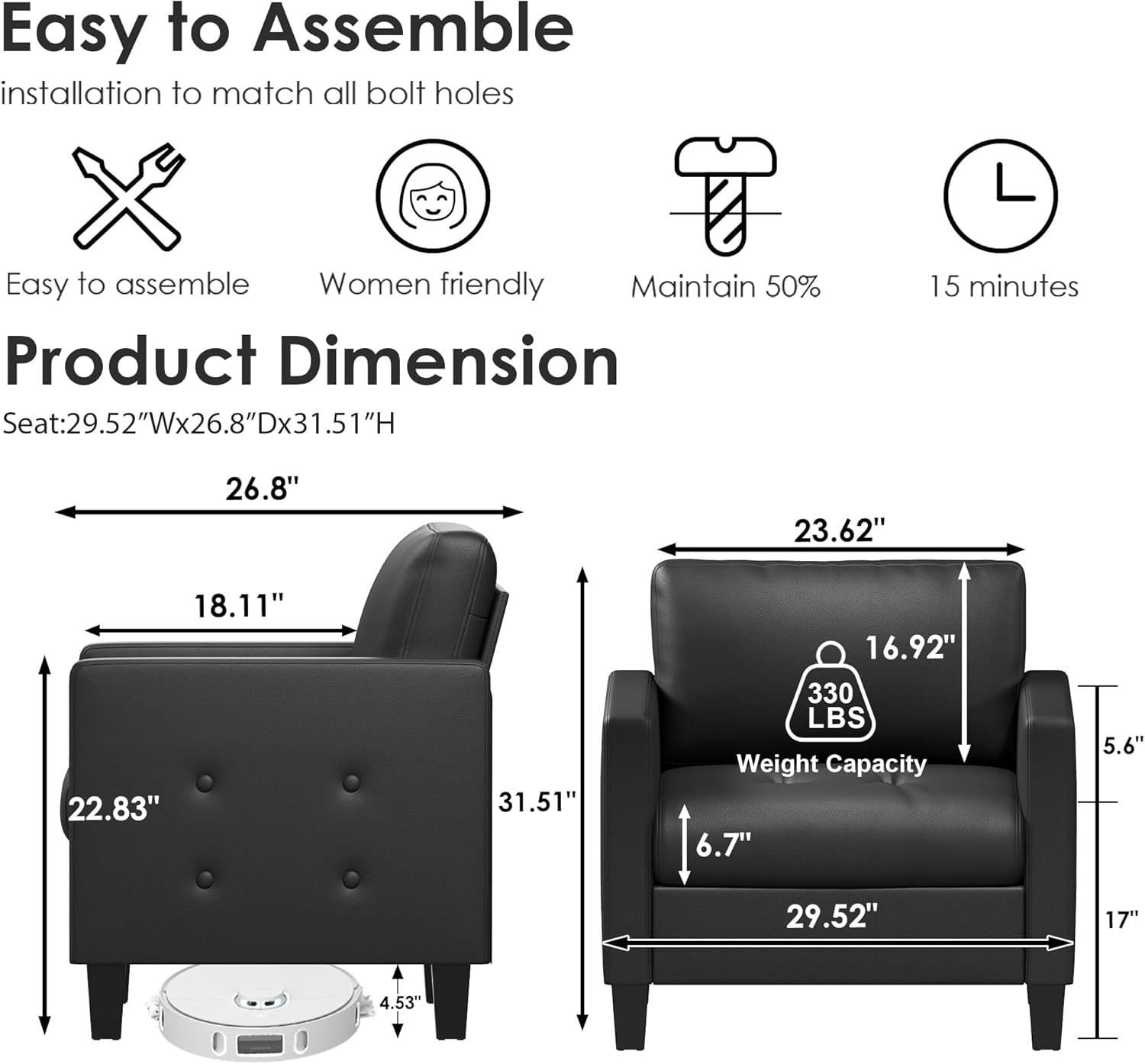 STHOUYN Accent Chairs Set of 2, Black Faux Leather Chair, Mid-Century Modern Living Room Chairs, Cozy Office Reading Chair with Tufted Armrest and Seat, Armchairs for Waiting Room, Bedroom (2)