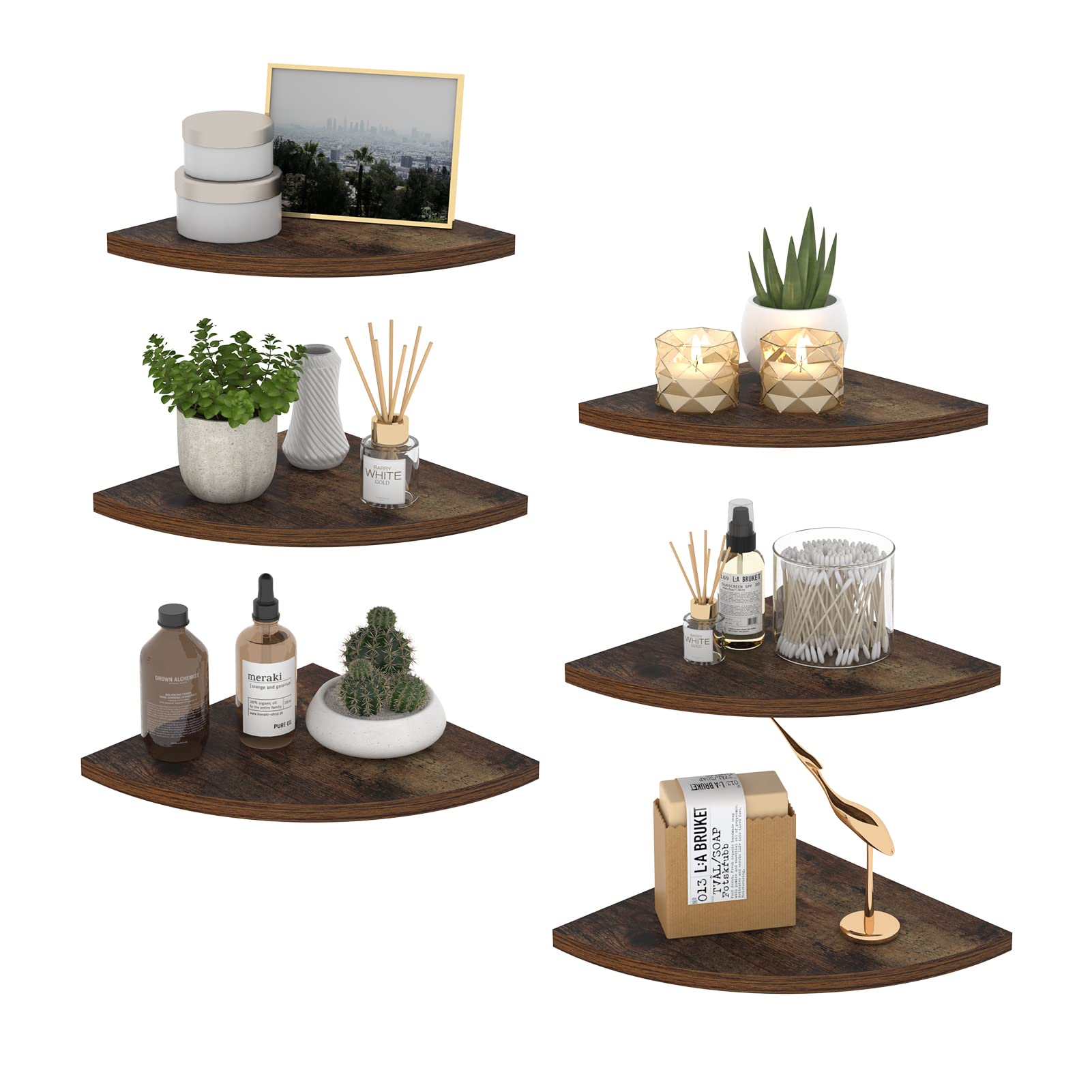 HORLIMER Floating Corner Shelf Wall Mount, 3 Pack Rustic Wood Corner Wall Shelves with Fence for Bedroom, Bathroom, Kitchen, Living Room, Brown