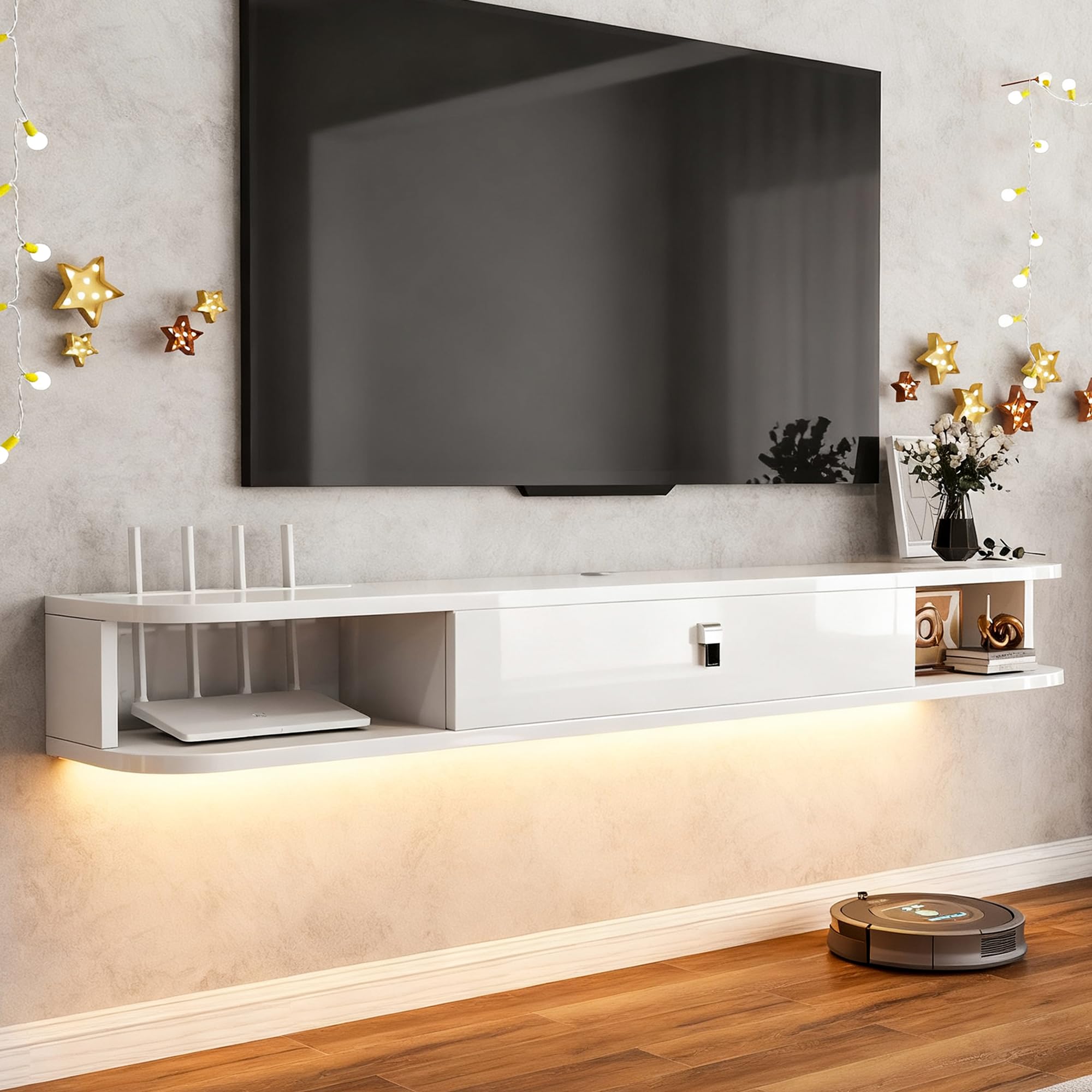 Real Relax 55.1" Floating TV Stand with Led Lights, High Gloss Modern Entertainment Center Media Console with Storage, 55.1 inch Wall Mounted TV Shelf for 55/65 inch TV, White