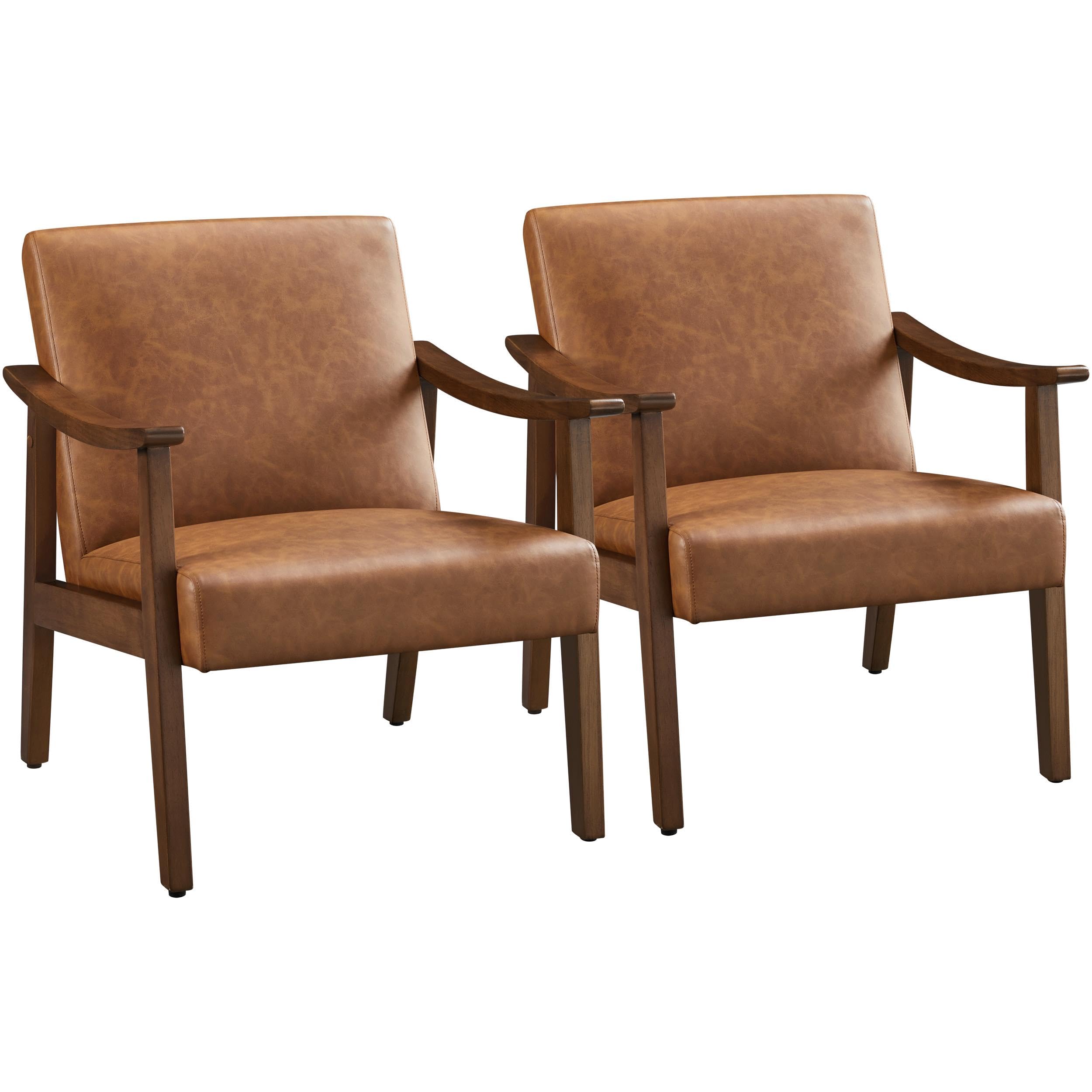 Yaheetech PU Leather Accent Chair, Mid-Century Modern Armchair with Solid Wood Legs, Reading Leisure Chair for Living Room Bedroom Waiting Room, Light Brown, Set of 2