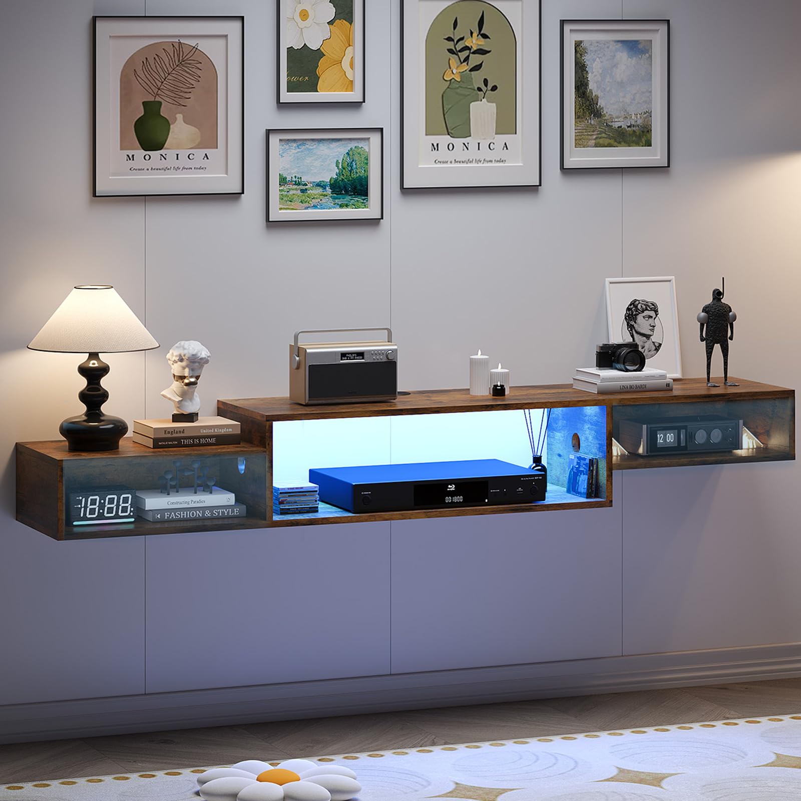 4 EVER WINNER Floating TV Stand with Power Outlet, 59'' Floating TV Shelf with LED Lights and Storage, Floating Entertainment Center Media Console Cabinet for Gaming Box Audio Video, Black