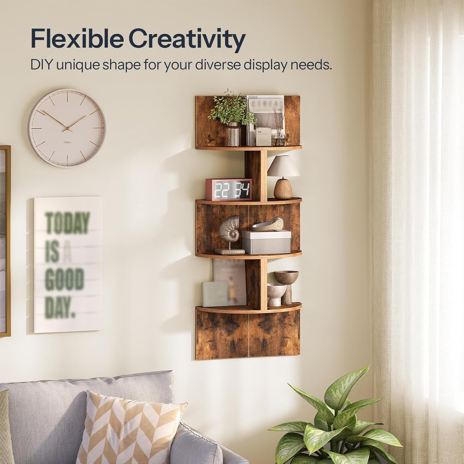 HOOBRO Corner Shelf Wall-Mounted, Set of 2 Floating Corner Shelves for Wall, 4-Tier Corner Bookshelves for Living Room, Bedroom, Bathroom, Home Office, Rustic Brown BF25BJP201