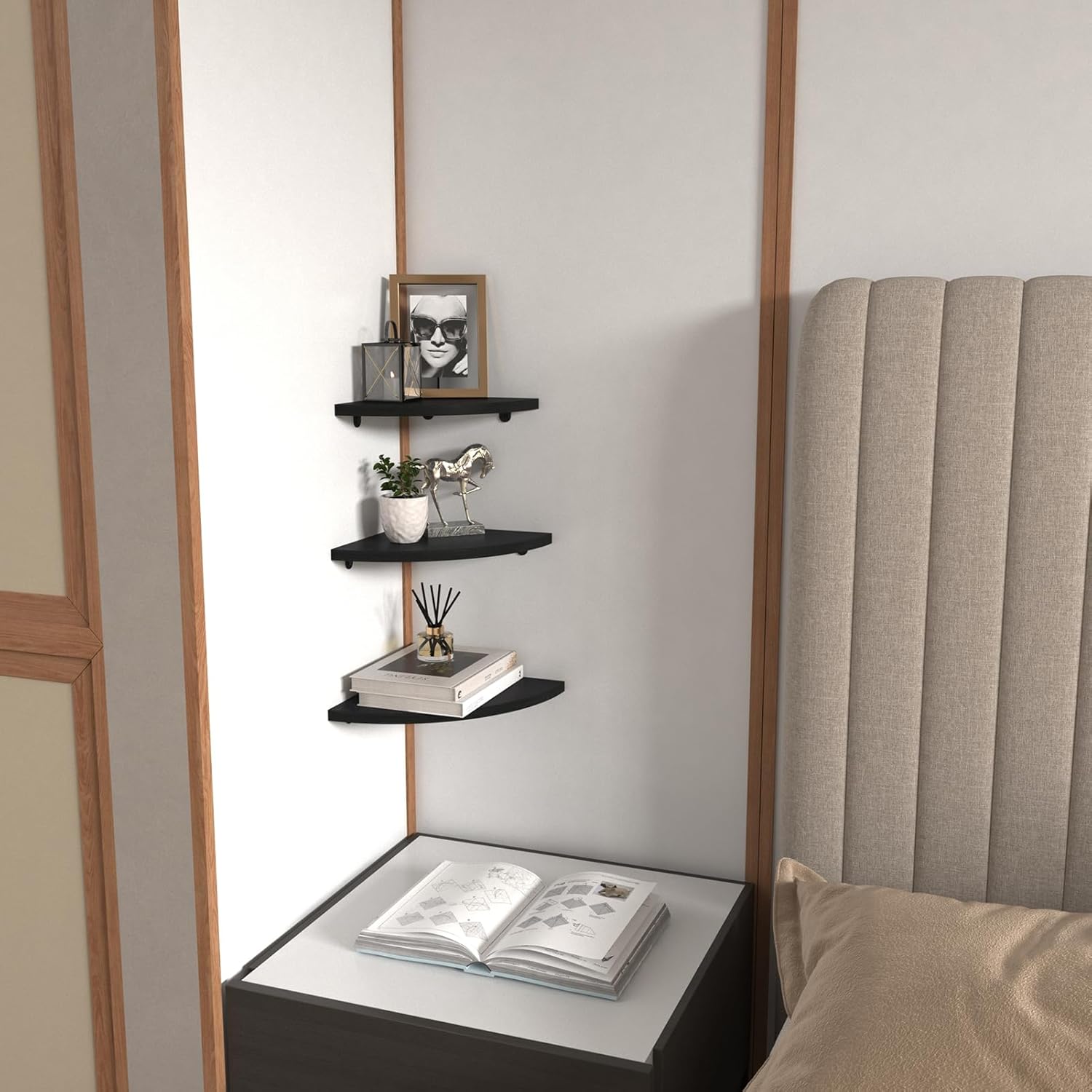 HORLIMER Floating Corner Shelf Wall Mount, Set of 6 Rustic Wood Corner Wall Shelves for Bedroom, Living Room, Bathroom, Kitchen (Black)