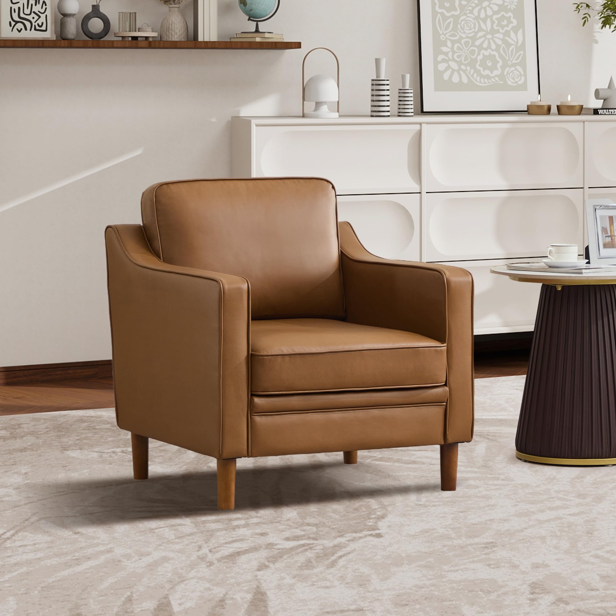 Kingfun Accent Chair Set of 2, Living Room Chairs, Faux Leather Reading Armchair, Mid Century with Solid Wood Foot, Upholstered Modern Decor for Bedroom, Apartment, Brown