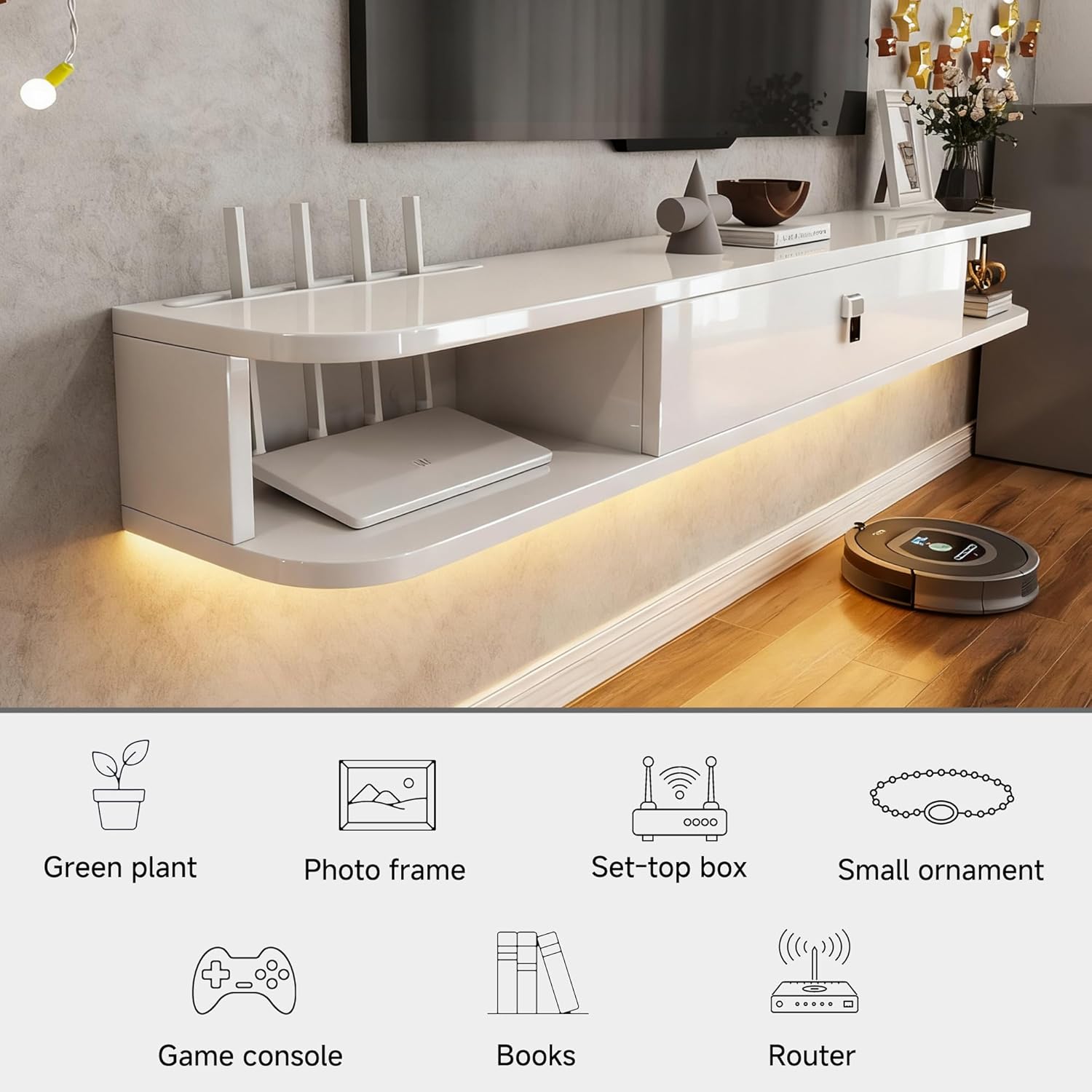 Real Relax 55.1" Floating TV Stand with Led Lights, High Gloss Modern Entertainment Center Media Console with Storage, 55.1 inch Wall Mounted TV Shelf for 55/65 inch TV, White