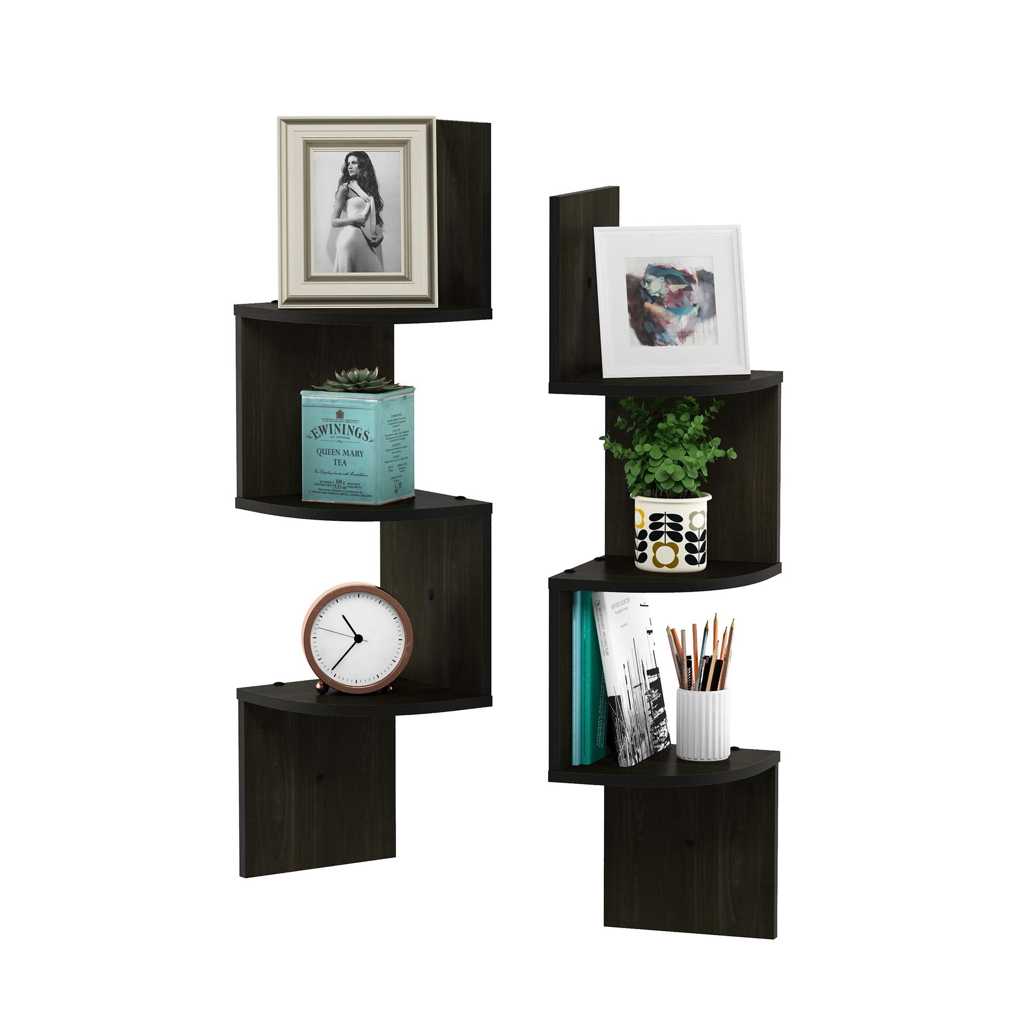 Furinno Rossi 5-Tier Floating Corner Shelf for Wall, Corner Zigzag Shelf Wall Mounted, Radial Wall Mount Shelves, for Home Office, Living Room, Bedroom, Bathroom, White