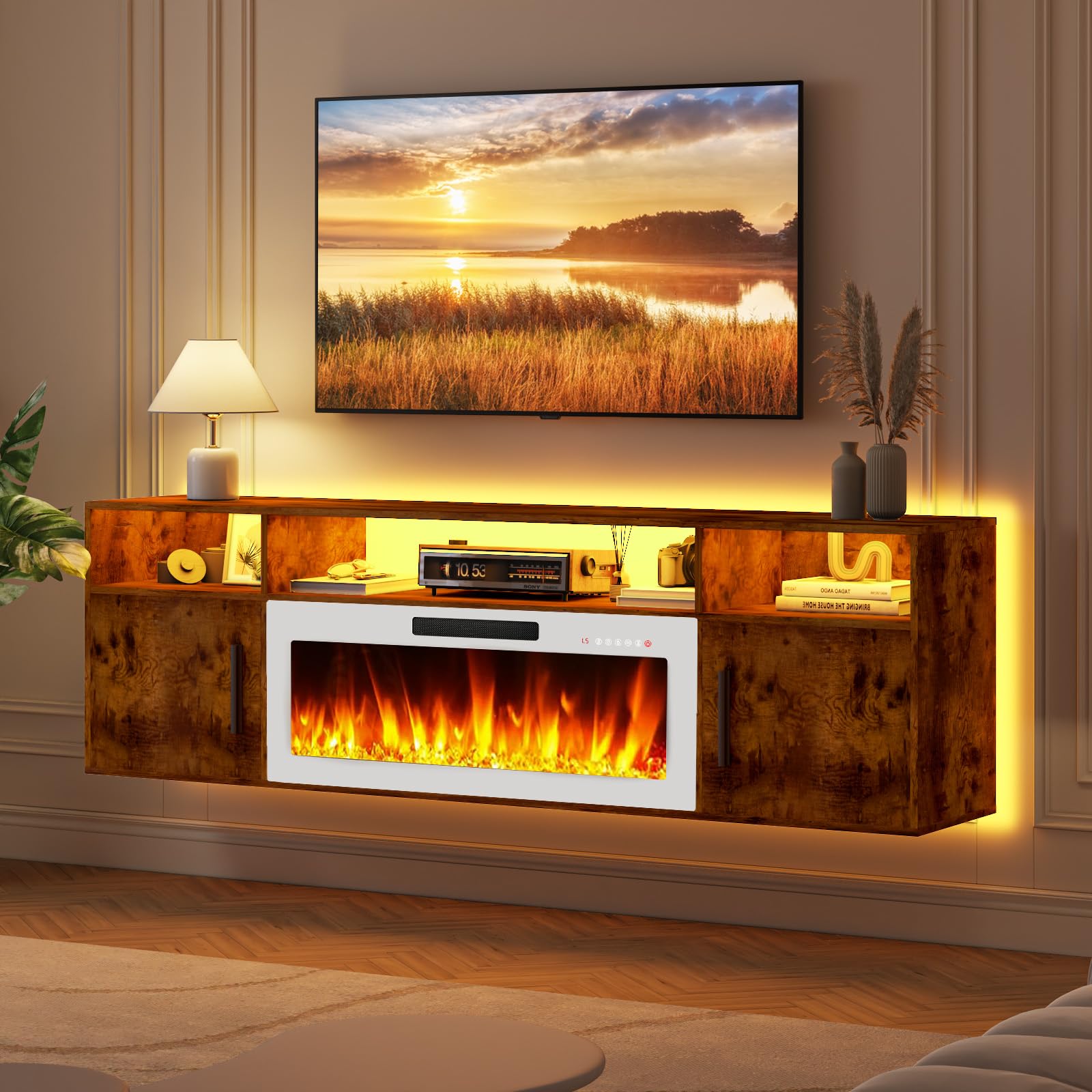 LEMBERI 70" Floating TV Stand with 36" Electric Fireplace, Wall Mounted Fireplace LED Light Entertainment Center with Storage, Fire Place TV Console with Highlight Cabinet for Living Room (Black)
