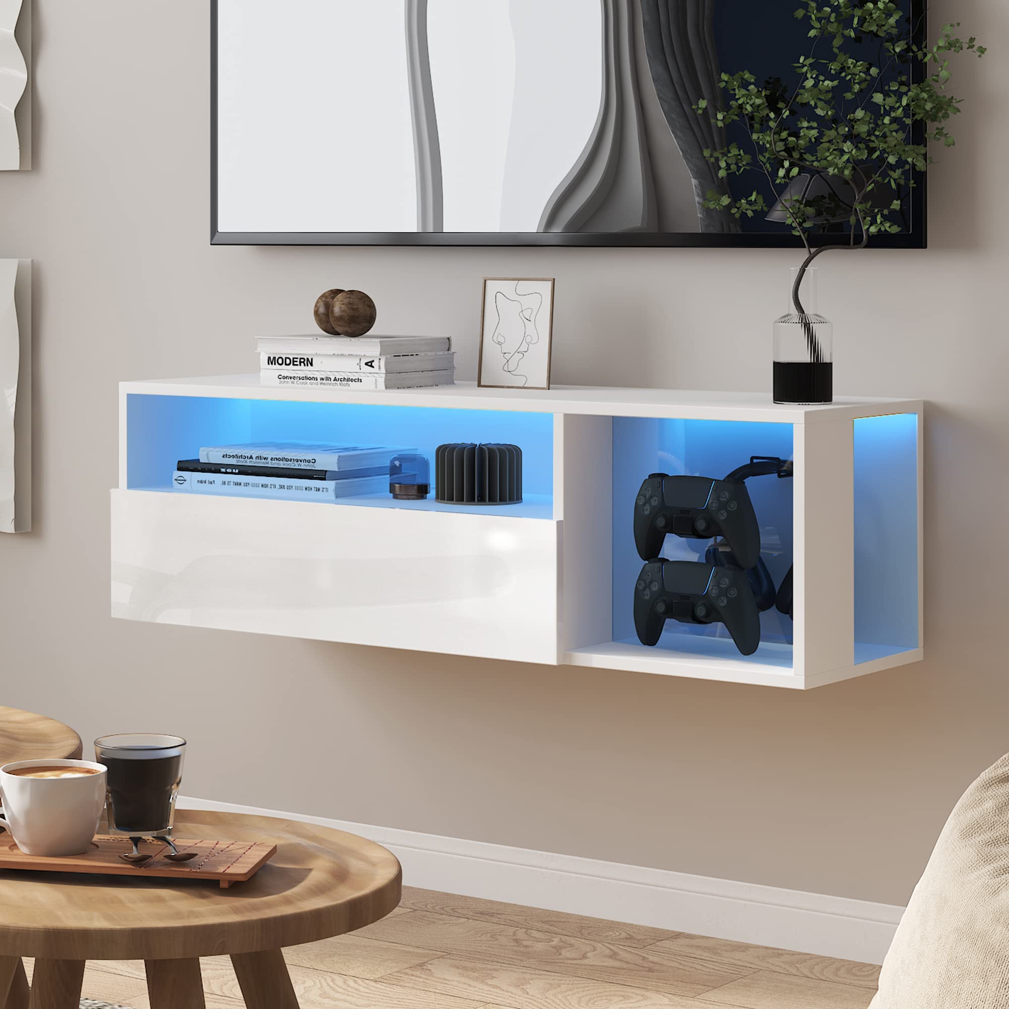 SogesPower Floating TV Stand Wall Mounted with Lights,LED TV Stand Floating Entertainment Center with Storage for Bedroom Living Room,Modern Floating Shelf for Under TV,Black 40inch