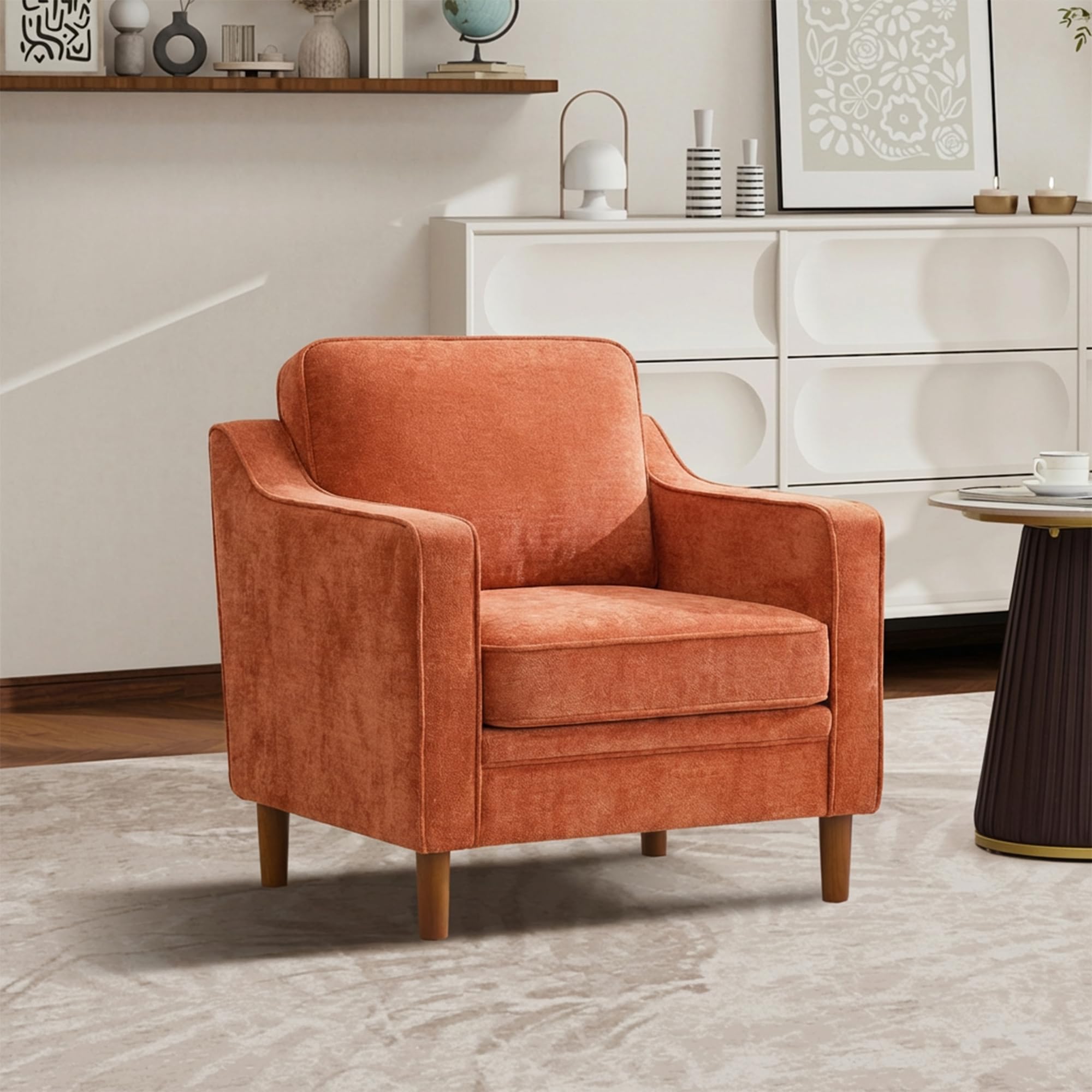 Kingfun Accent Chair Set of 2, Living Room Chairs, Faux Leather Reading Armchair, Mid Century with Solid Wood Foot, Upholstered Modern Decor for Bedroom, Apartment, Brown