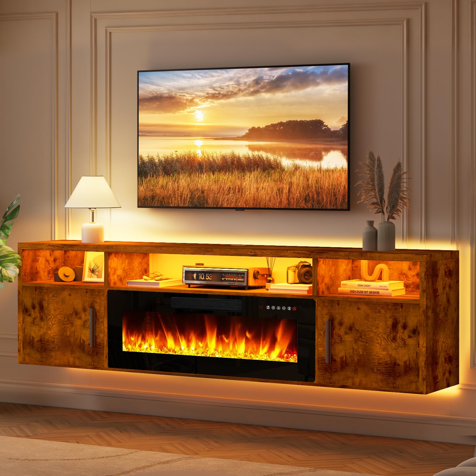 LEMBERI 70" Floating TV Stand with 36" Electric Fireplace, Wall Mounted Fireplace LED Light Entertainment Center with Storage, Fire Place TV Console with Highlight Cabinet for Living Room (Black)