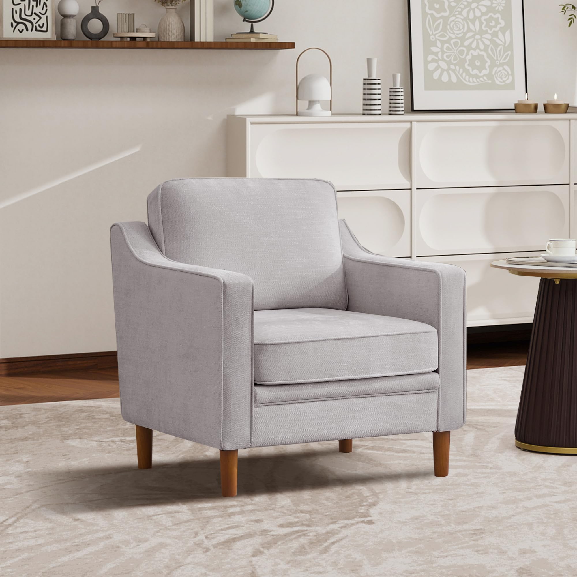 Kingfun Accent Chair Set of 2, Living Room Chairs, Faux Leather Reading Armchair, Mid Century with Solid Wood Foot, Upholstered Modern Decor for Bedroom, Apartment, Brown