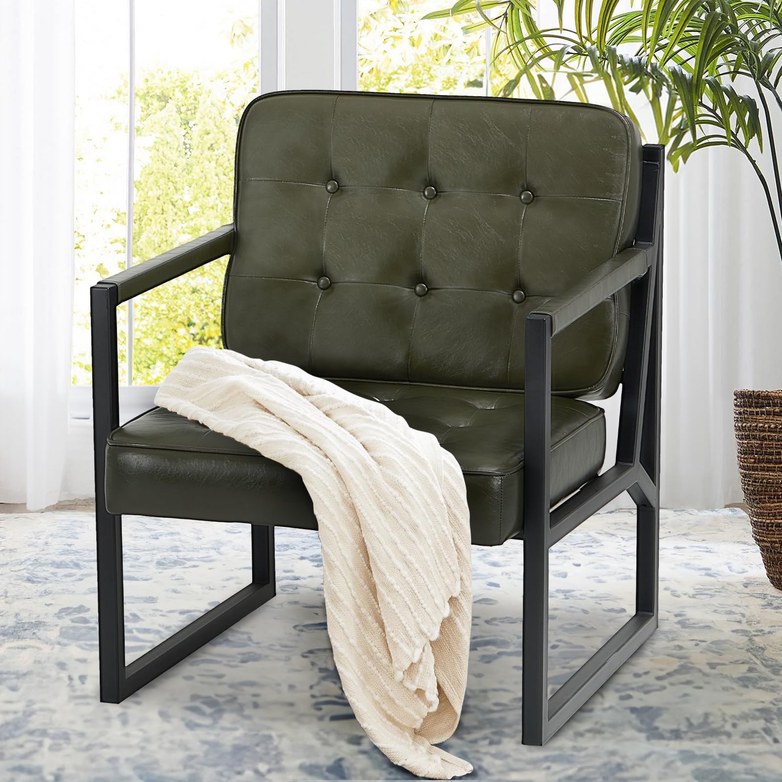 COLAMY Mid Century Modern Accent Chair Set of 2, Comfy Living Room Chair, Black Leather Accent Chair, Faux Leather Reception Armchair with Metal Legs for Living Room Bedroom Reception Office, Black