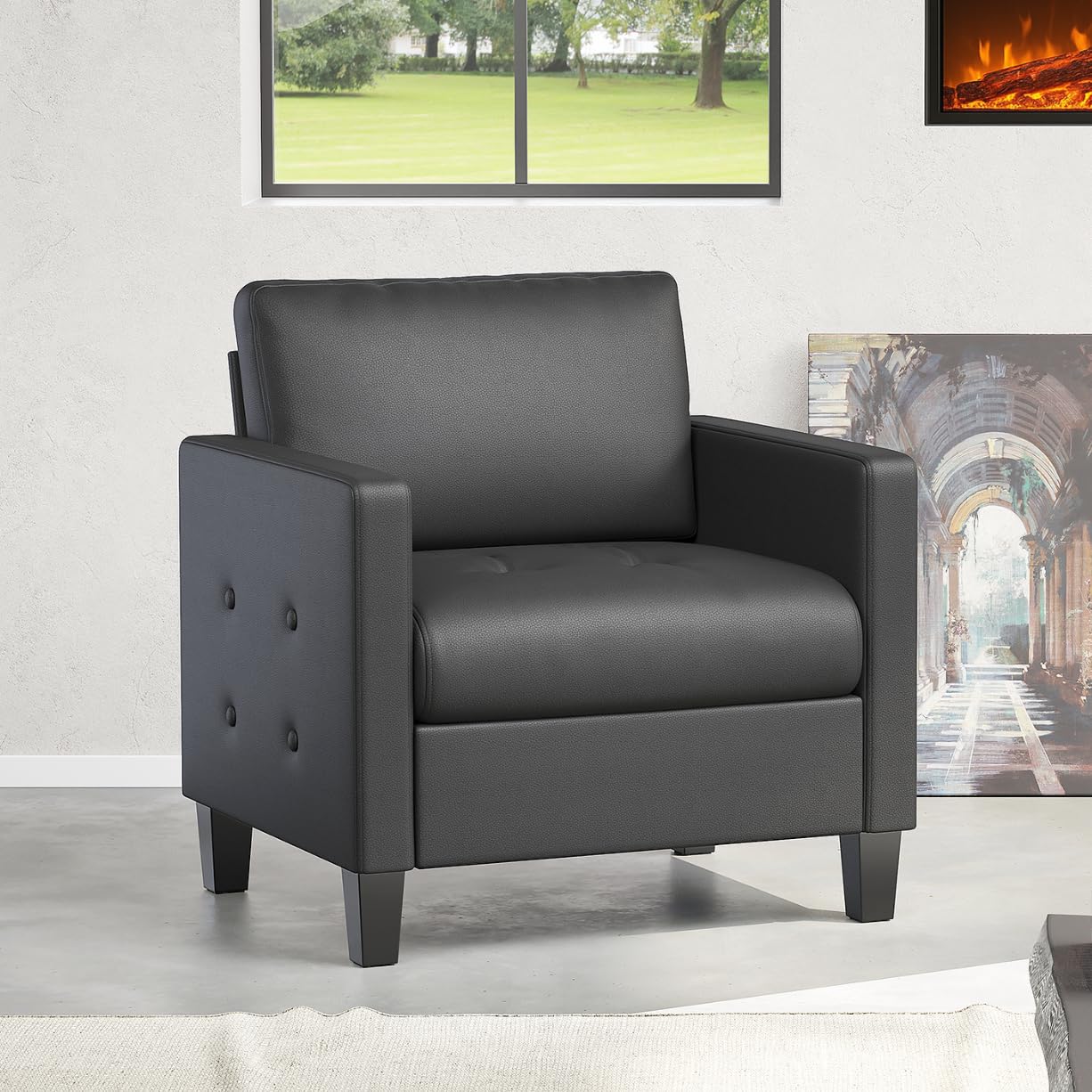 STHOUYN Accent Chairs Set of 2, Black Faux Leather Chair, Mid-Century Modern Living Room Chairs, Cozy Office Reading Chair with Tufted Armrest and Seat, Armchairs for Waiting Room, Bedroom (2)