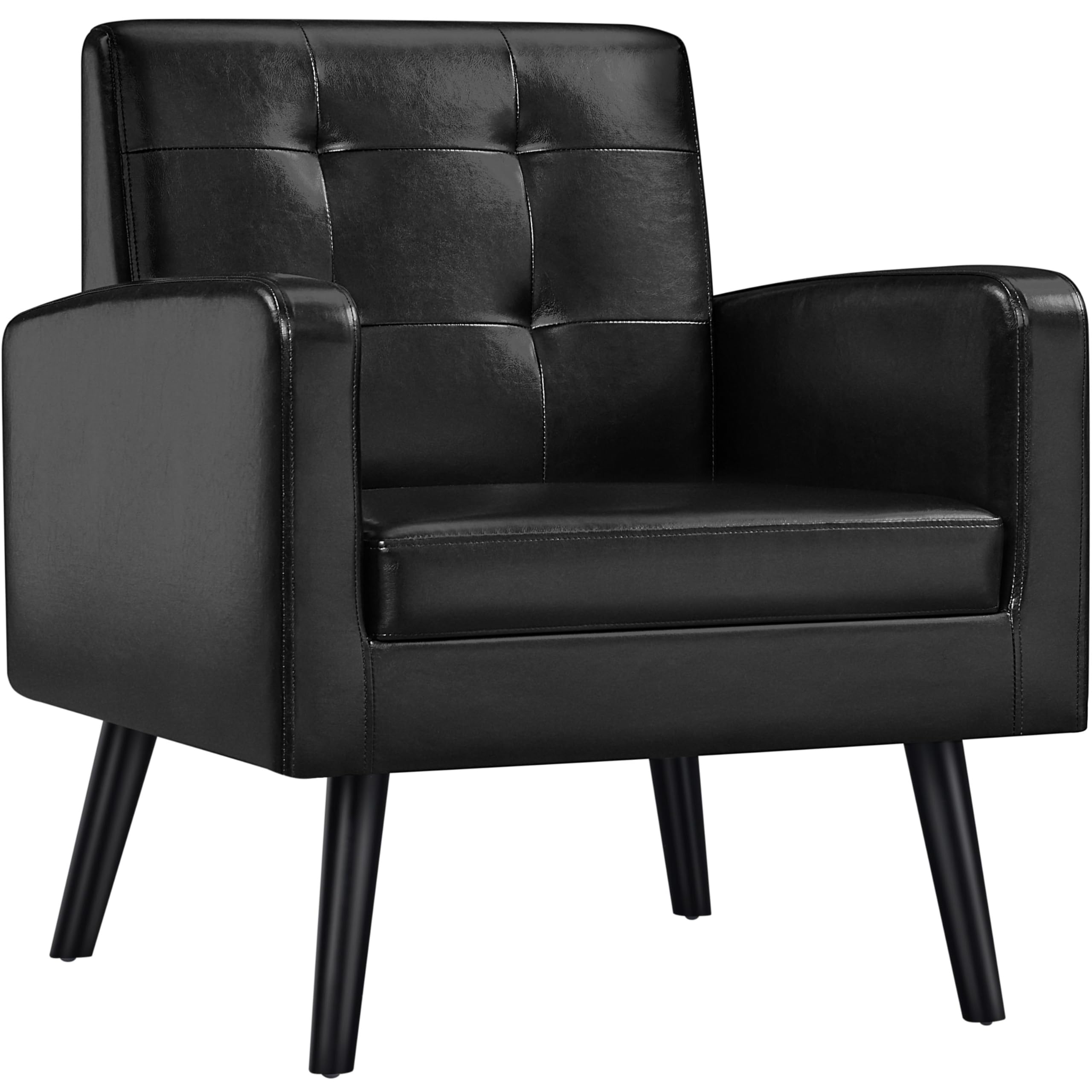 Yaheetech Mid-Century Accent Chairs, PU Leather Modern Upholstered Living Room Chair, Cozy Armchair Button Tufted Back and Wood Legs for Bedroom/Office/Cafe, Retro Brown