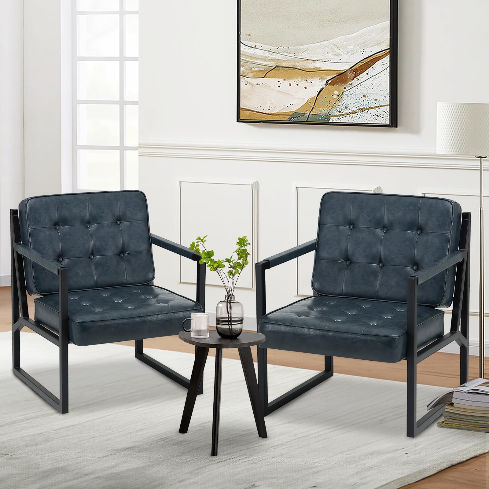 COLAMY Mid Century Modern Accent Chair Set of 2, Comfy Living Room Chair, Black Leather Accent Chair, Faux Leather Reception Armchair with Metal Legs for Living Room Bedroom Reception Office, Black