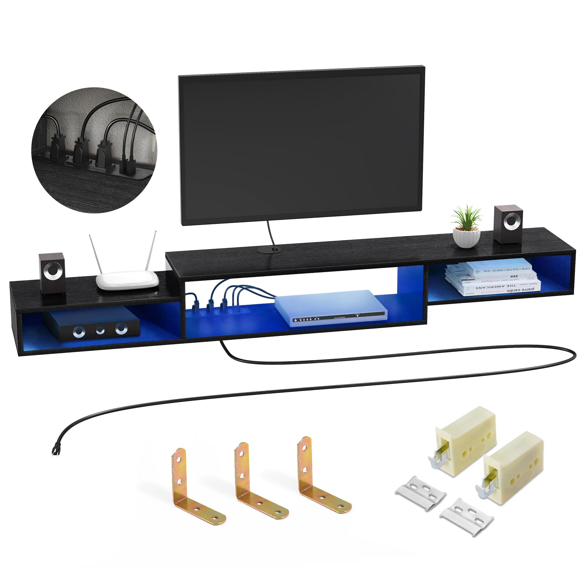 FABATO 59'' Floating TV Stand with LED Light Power Outlet, Floating Shelf for Under TV Wall Mount with Storage Shelf, Media Console Entertainment Center for Living Room, White