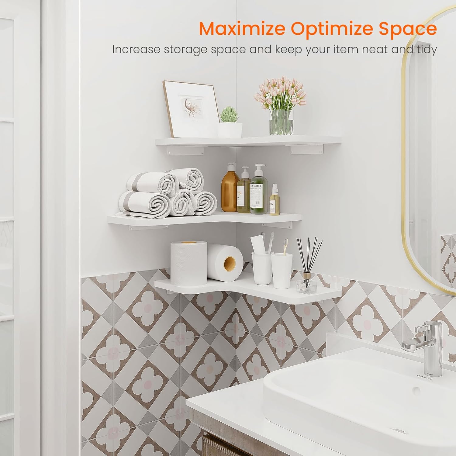 Homode Corner Floating Shelves, Set of 3 Corner Wall Shelves with Wire Hole, L-Shaped Wood Hanging Storage Shelf for Wall Decor, for Bathroom Kitchen Bedroom, White