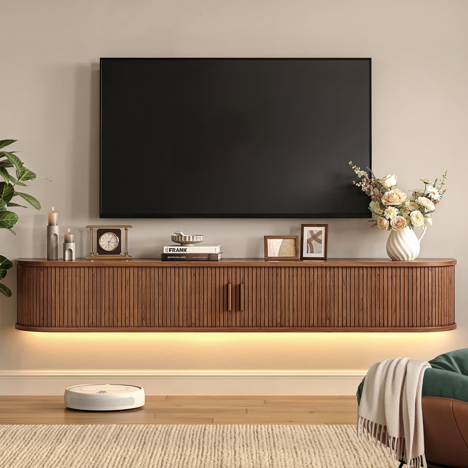 71" Floating TV Stand with Power Outlet for TVs up to 80", Fluted Entertainment Center with Remote Control for LED Lights, Mid-Century Modern TV Console w/Sliding Door for Living Room, Bedroom Walnut