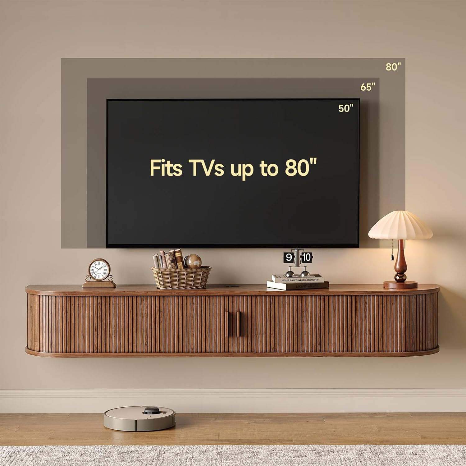 71" Floating TV Stand with Power Outlet for TVs up to 80", Fluted Entertainment Center with Remote Control for LED Lights, Mid-Century Modern TV Console w/Sliding Door for Living Room, Bedroom Walnut