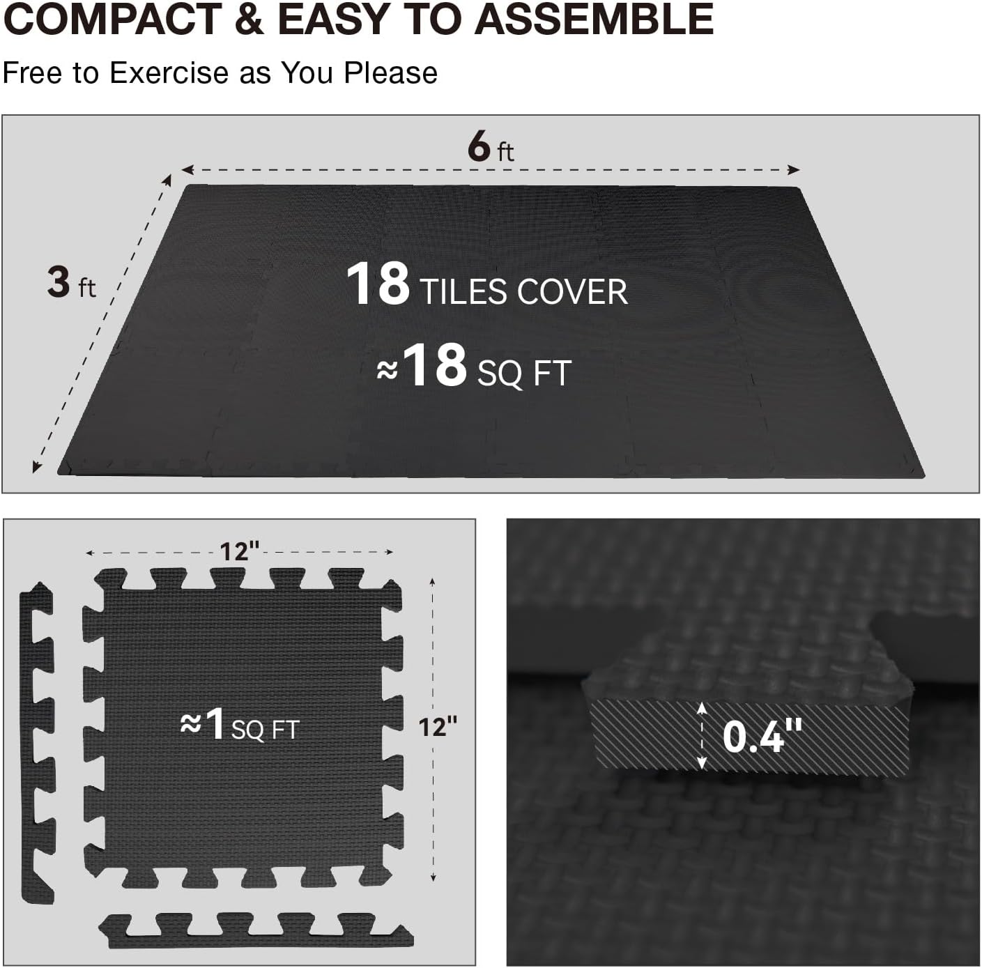 AIRHOP 18 Tiles Gym Floor Mat, EVA Foam Puzzle Gym Mat, High-Density Interlocking Foam Floor Tiles for Home Gym, Play Workout Garage Kitchen Flooring