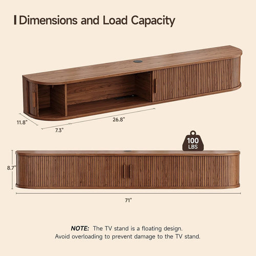 71" Floating TV Stand with Power Outlet for TVs up to 80", Fluted Entertainment Center with Remote Control for LED Lights, Mid-Century Modern TV Console w/Sliding Door for Living Room, Bedroom Walnut