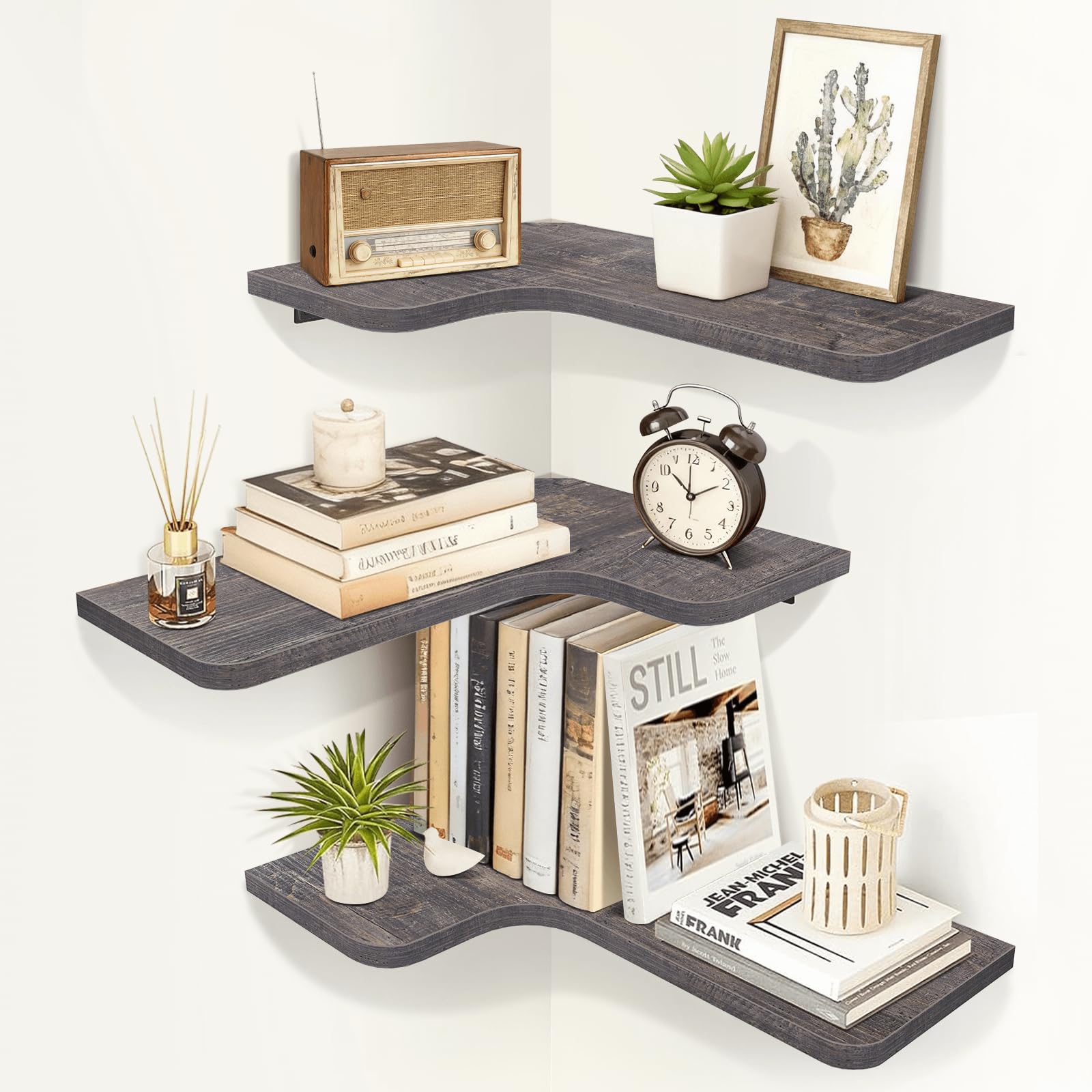 Homode Corner Floating Shelves, Set of 3 Corner Wall Shelves with Wire Hole, L-Shaped Wood Hanging Storage Shelf for Wall Decor, for Bathroom Kitchen Bedroom, White