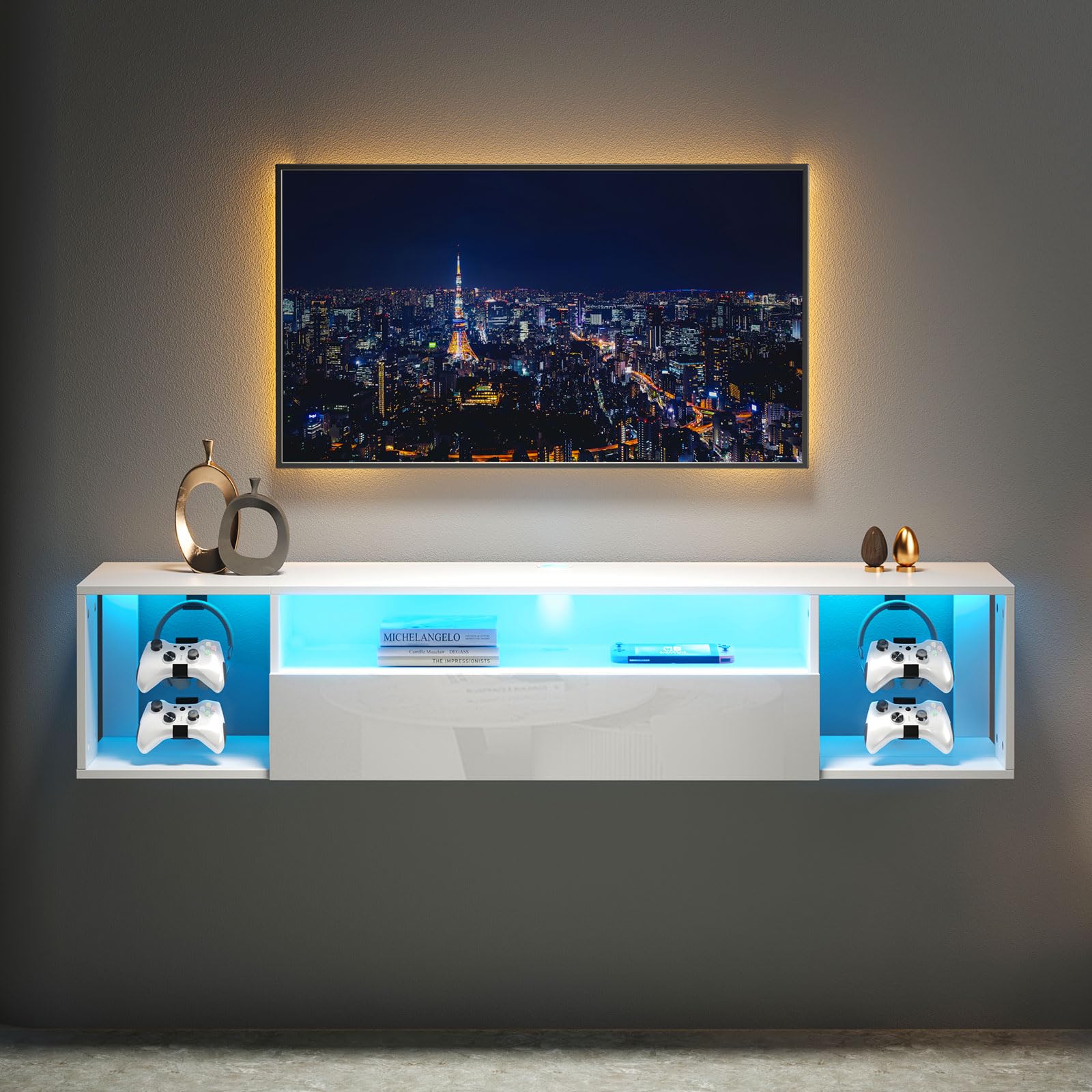 SogesHome 55'' Floating TV Stand with LED Lights, Wall Mounted Entertainment Center with 3 Storage Shelves, Modern Media Console Cabinet for Living Room and Bedroom, Black
