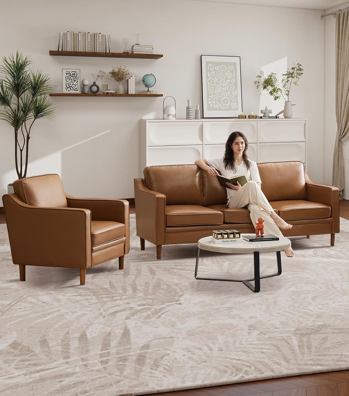 Kingfun Accent Chair Set of 2, Living Room Chairs, Faux Leather Reading Armchair, Mid Century with Solid Wood Foot, Upholstered Modern Decor for Bedroom, Apartment, Brown