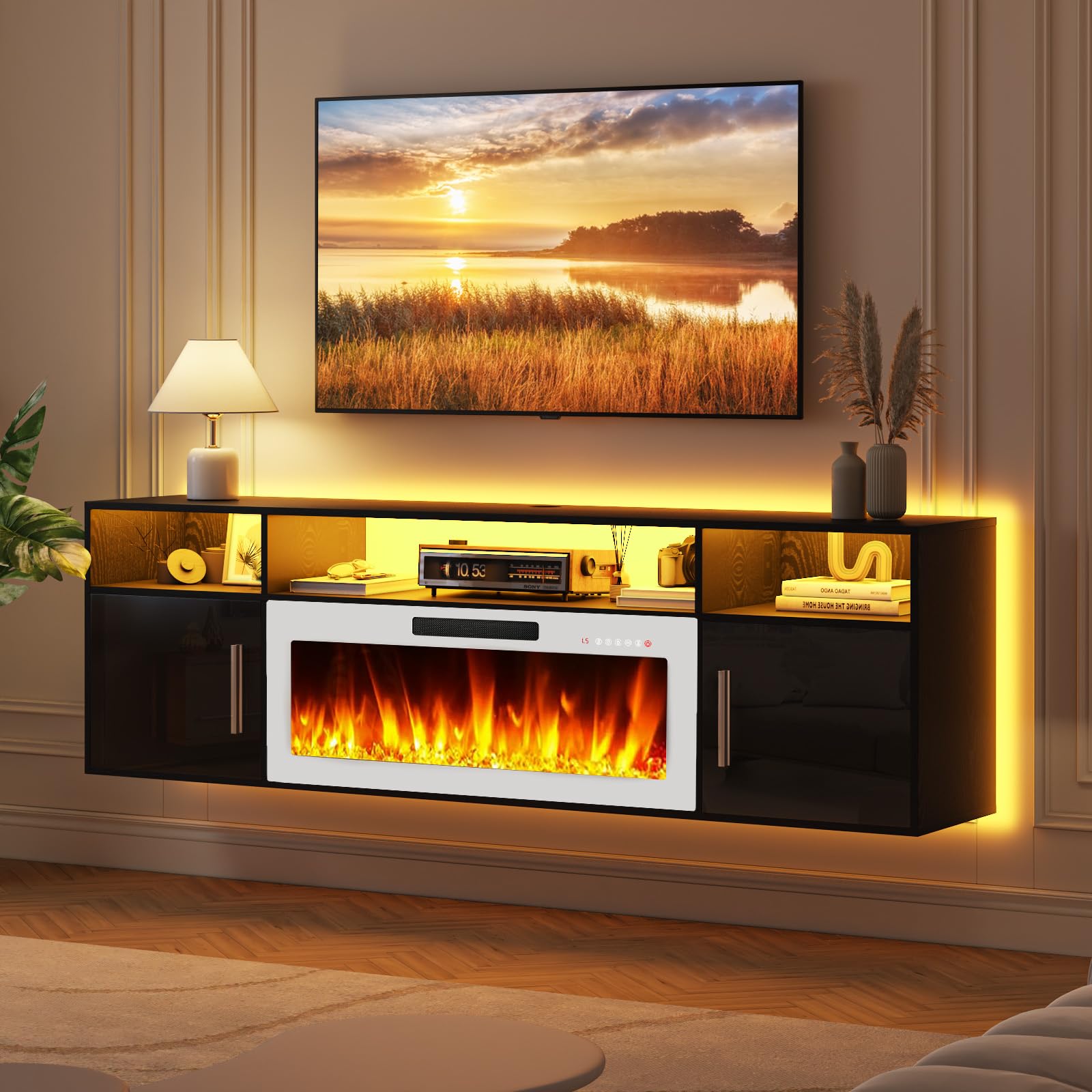 LEMBERI 70" Floating TV Stand with 36" Electric Fireplace, Wall Mounted Fireplace LED Light Entertainment Center with Storage, Fire Place TV Console with Highlight Cabinet for Living Room (Black)