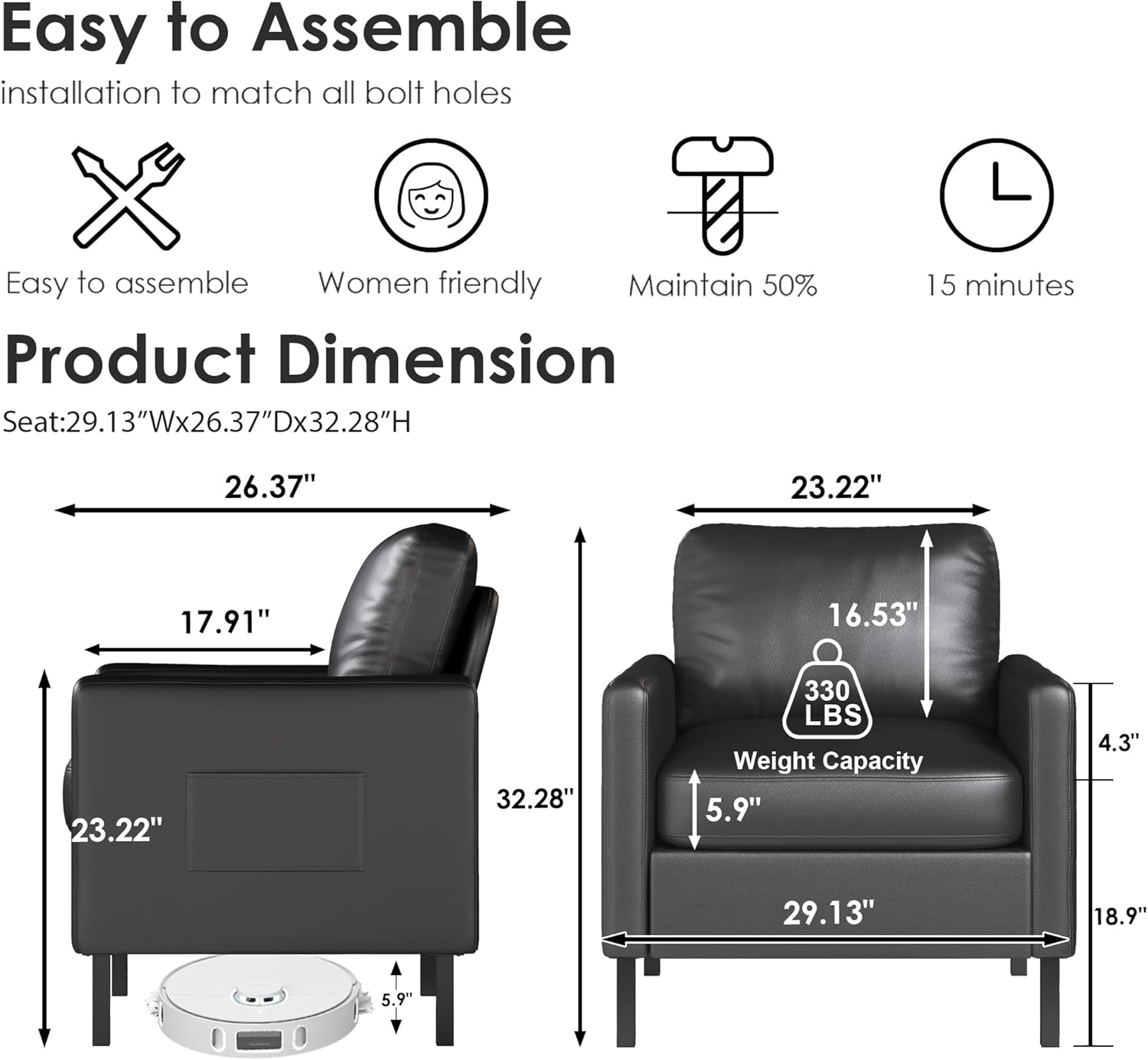 STHOUYN Black Faux Leather Accent Chair Set of 2 with Arms, Modern Small Accent Office Chair, Waiting Room Chairs for Living Room Bedroom with Metal Legs